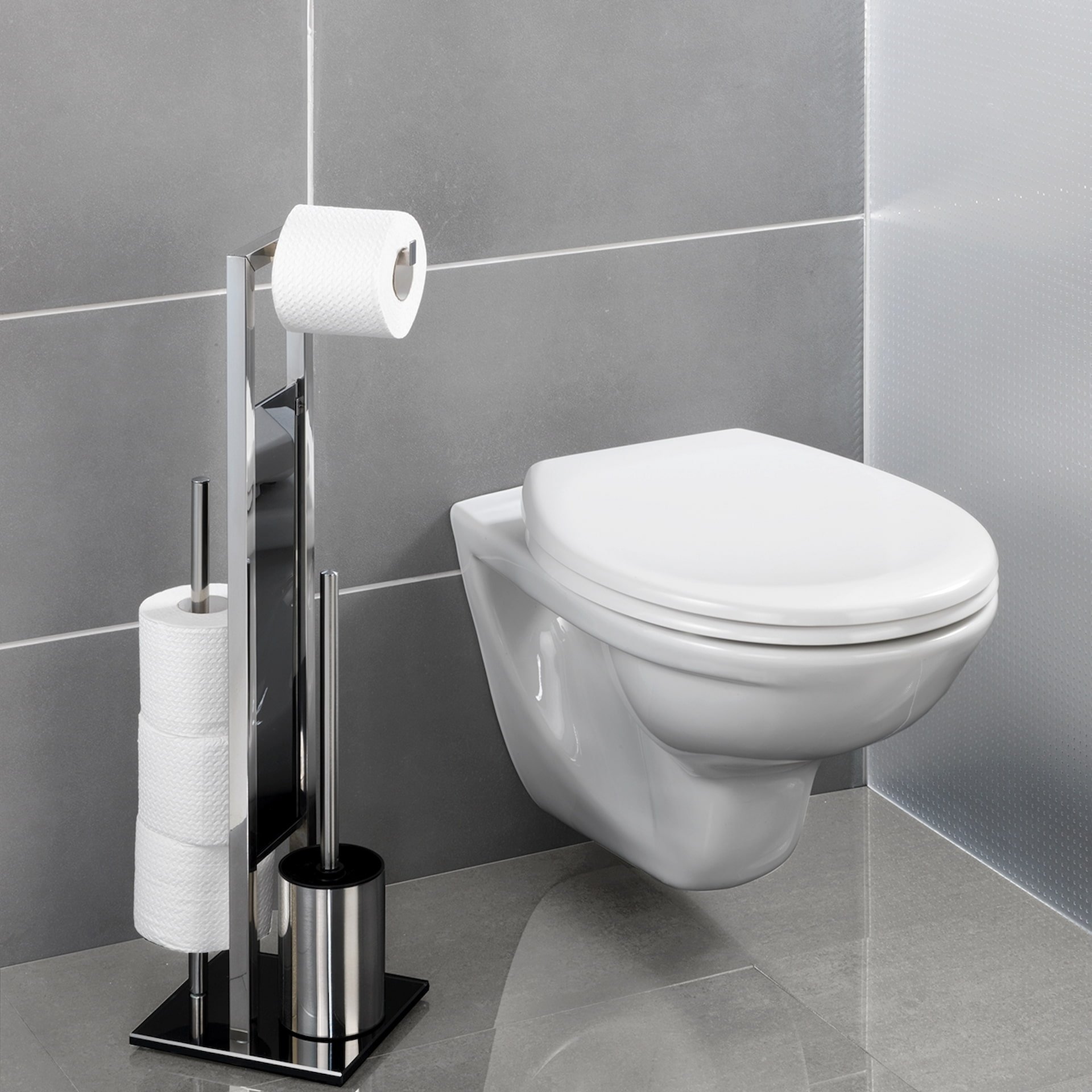 WENKO RIVALTA WC-Garnitur, Chrom glänzend/Schwarz, mit Toilettenpapierhalter, Edelstahl, stehend