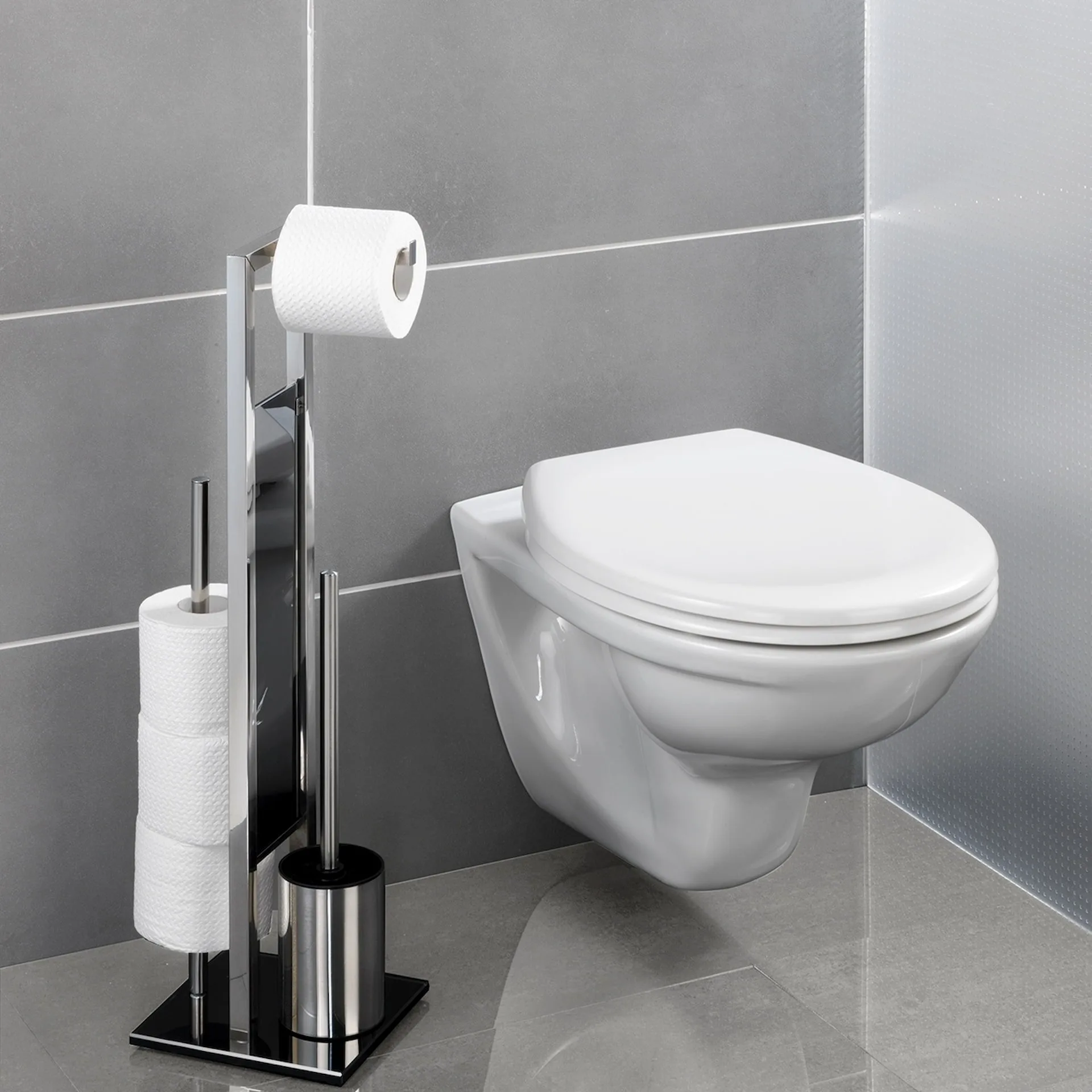 WENKO RIVALTA WC-Garnitur, Chrom glänzend/Schwarz, mit Toilettenpapierhalter, Edelstahl, stehend