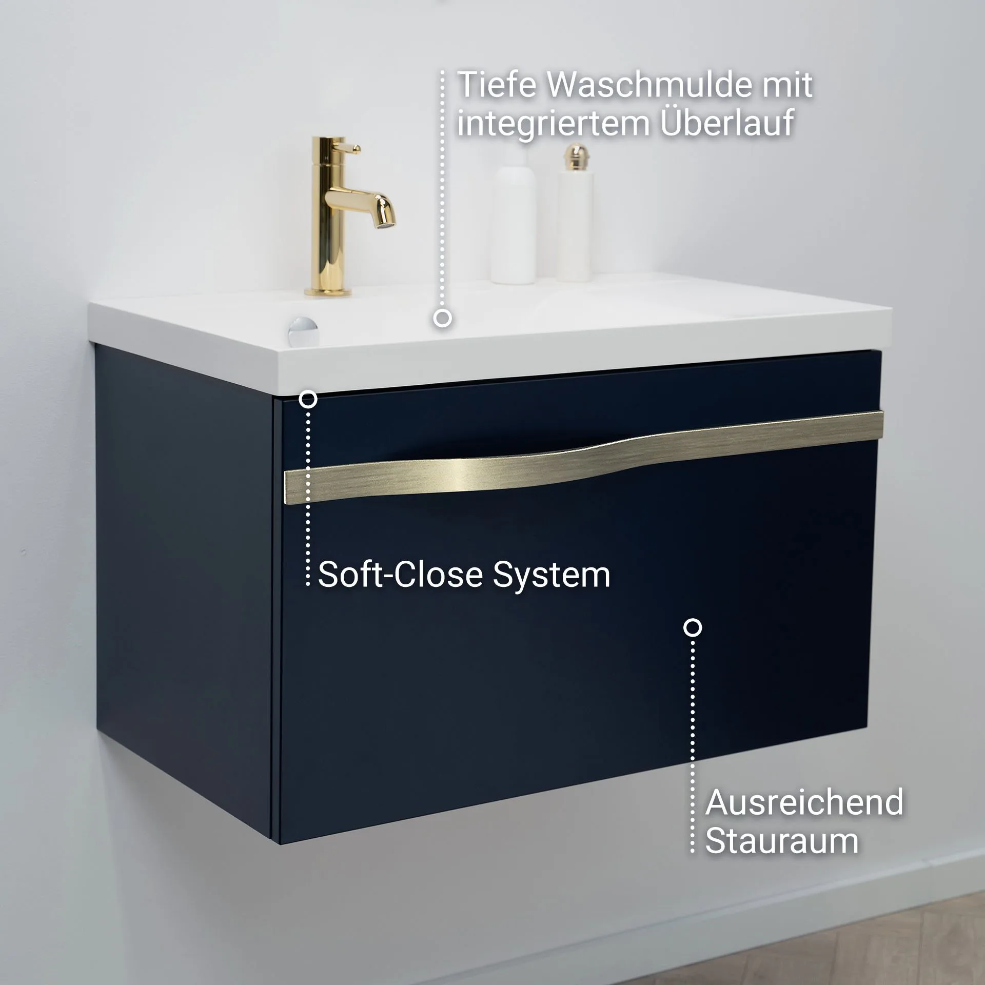 BADEDU FILS Waschbecken mit Unterschrank 69 cm breit, Blau, Waschbecken Gussmarmor Weiß, Griff Silber