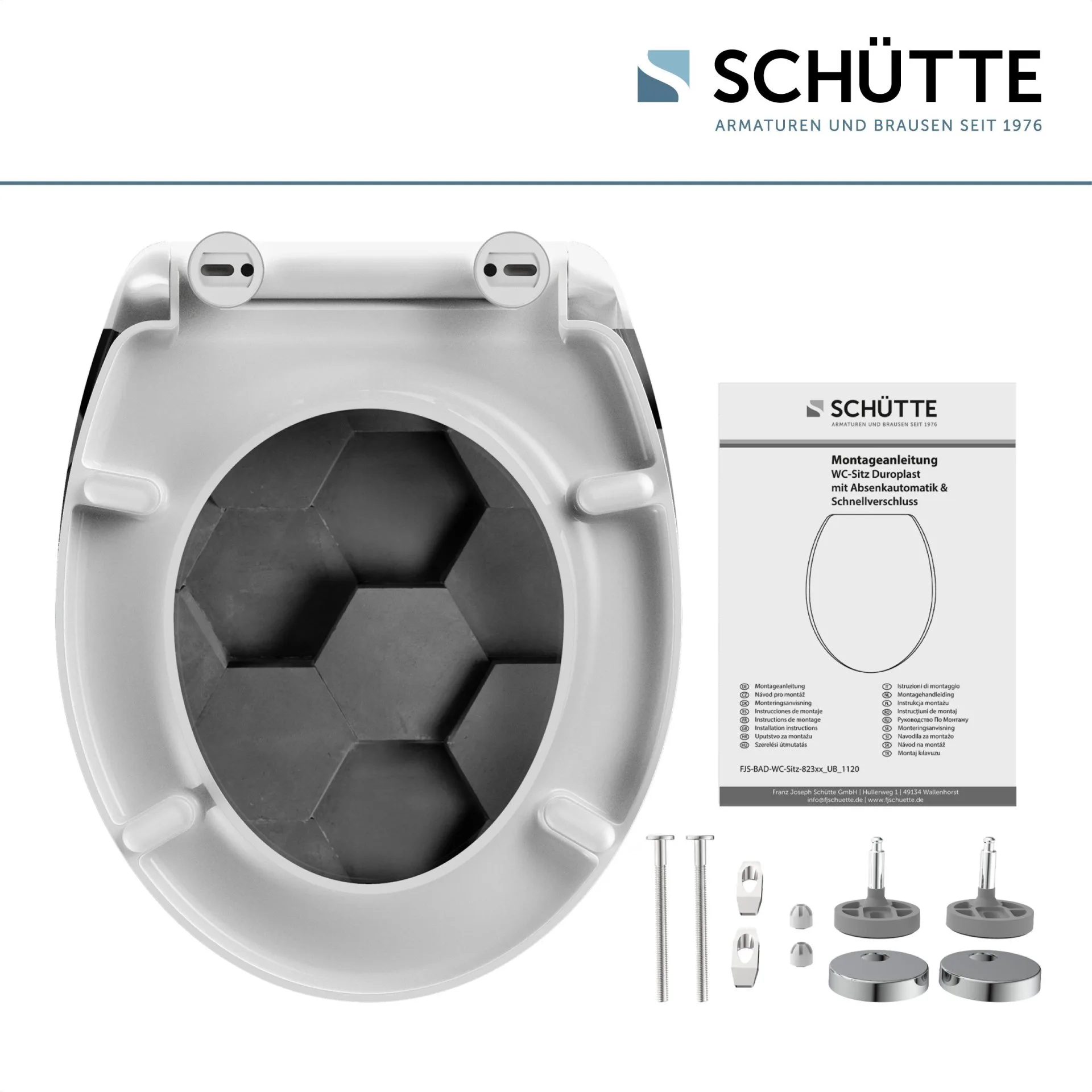 SCHÜTTE GREY HEXAGONS WC-Sitz, Kunststoff, mit Absenkautomatik und Schnellverschluss