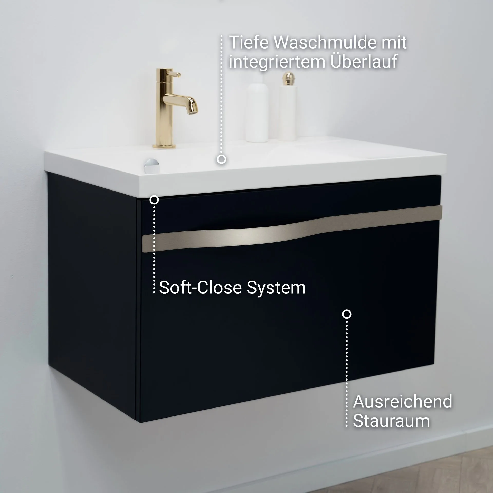 BADEDU FILS Waschbecken mit Unterschrank 69 cm breit, Schwarz, Waschbecken Gussmarmor Weiß, Griff Silber