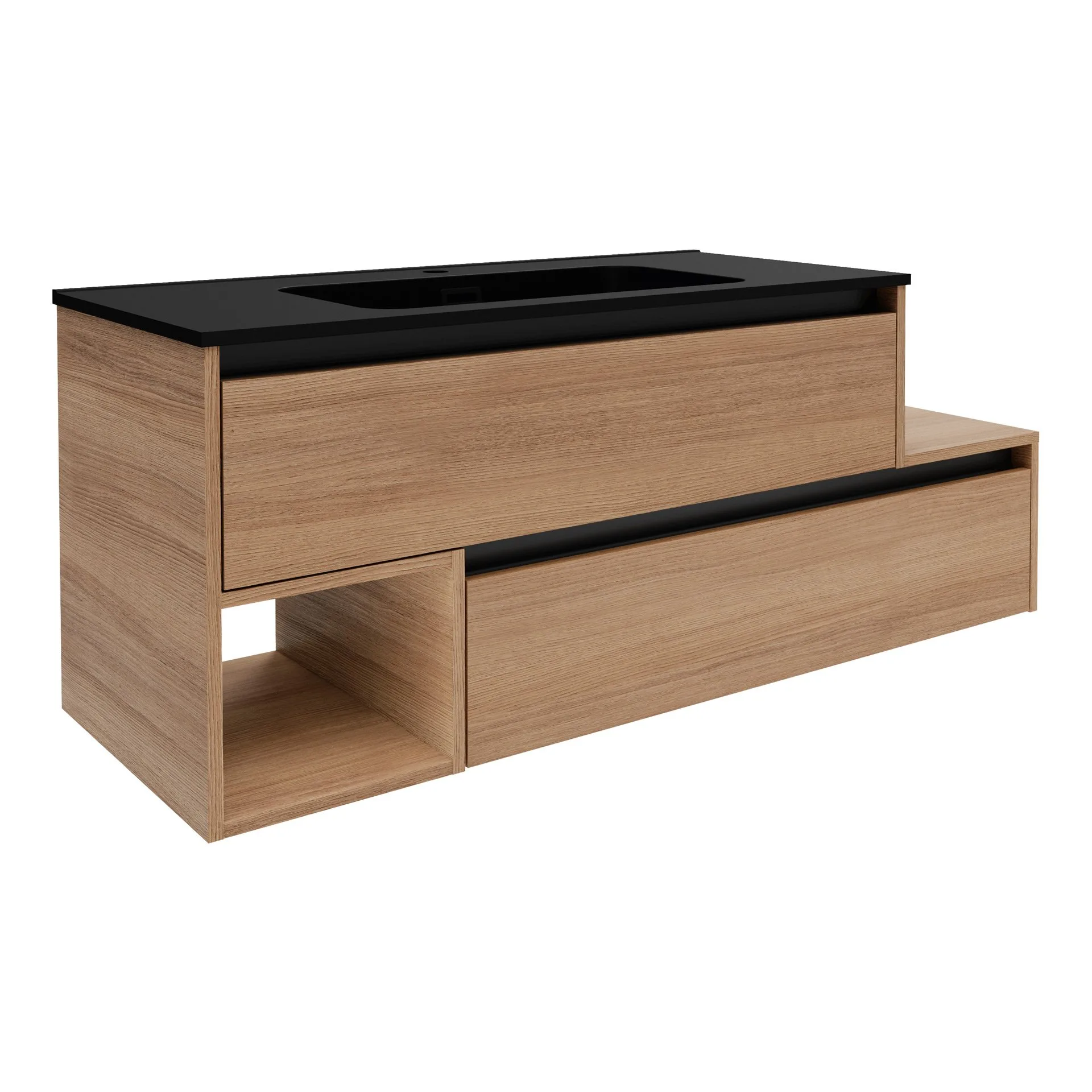 FACKELMANN VITA Waschbecken mit Unterschrank 129 cm breit, Braun hell, Waschbecken Gussmarmor Schwarz matt, Ablage rechts, asymmetrisch