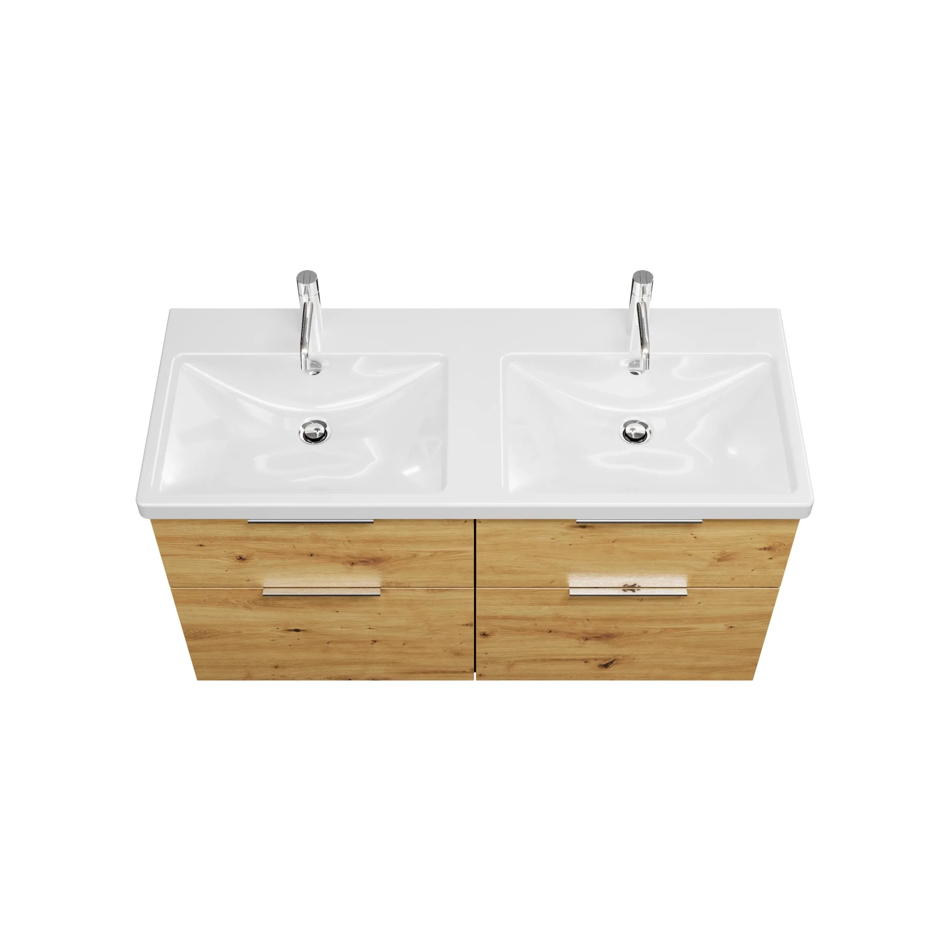 Burgbad EQIO Waschbecken mit Unterschrank 123 cm breit, Braun, Doppelwaschbecken Keramik Weiß, 4 Schubladen