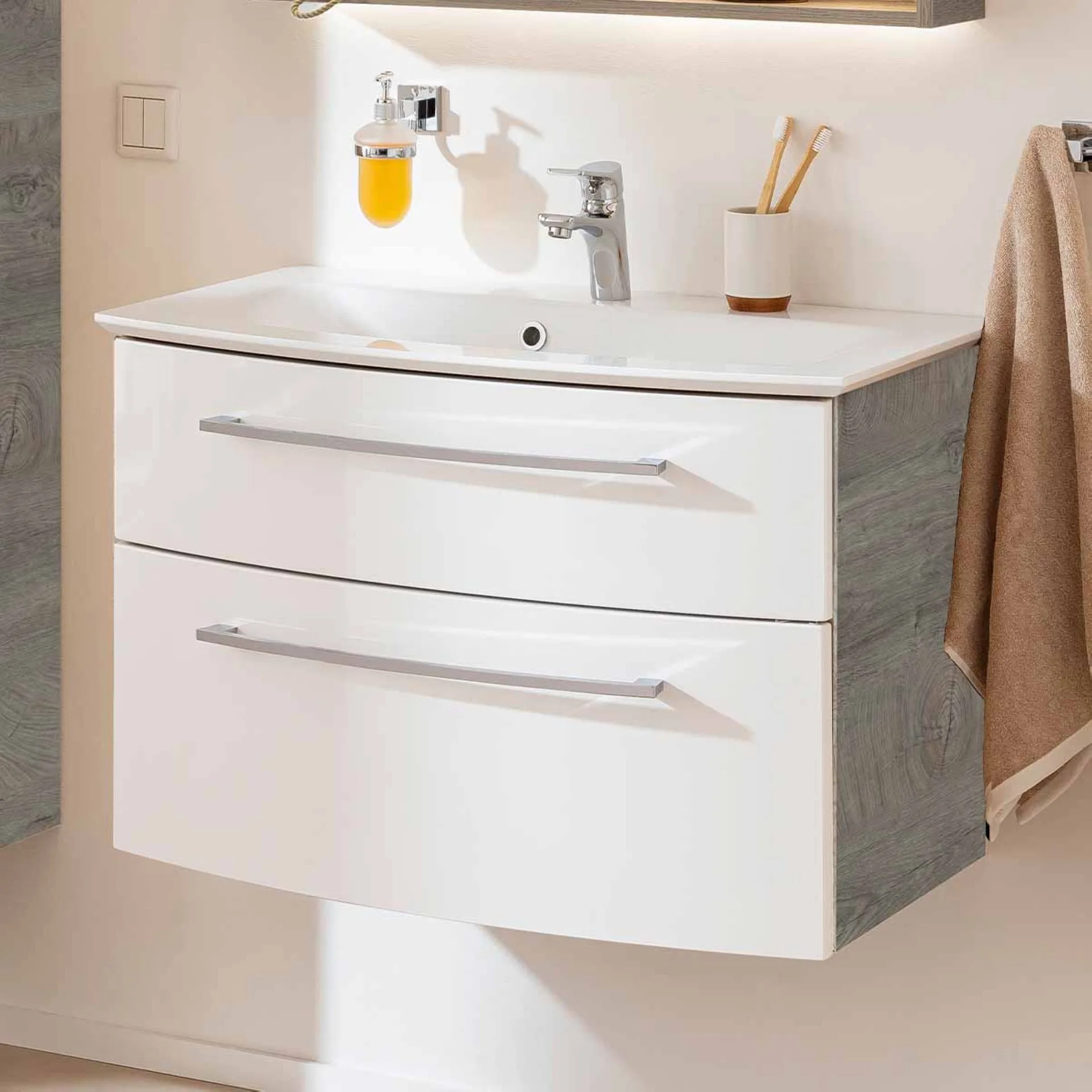 FACKELMANN B.STYLE Waschbecken mit Unterschrank 83 cm breit, Weiß/Braun hell, Waschbecken Gussmarmor Weiß