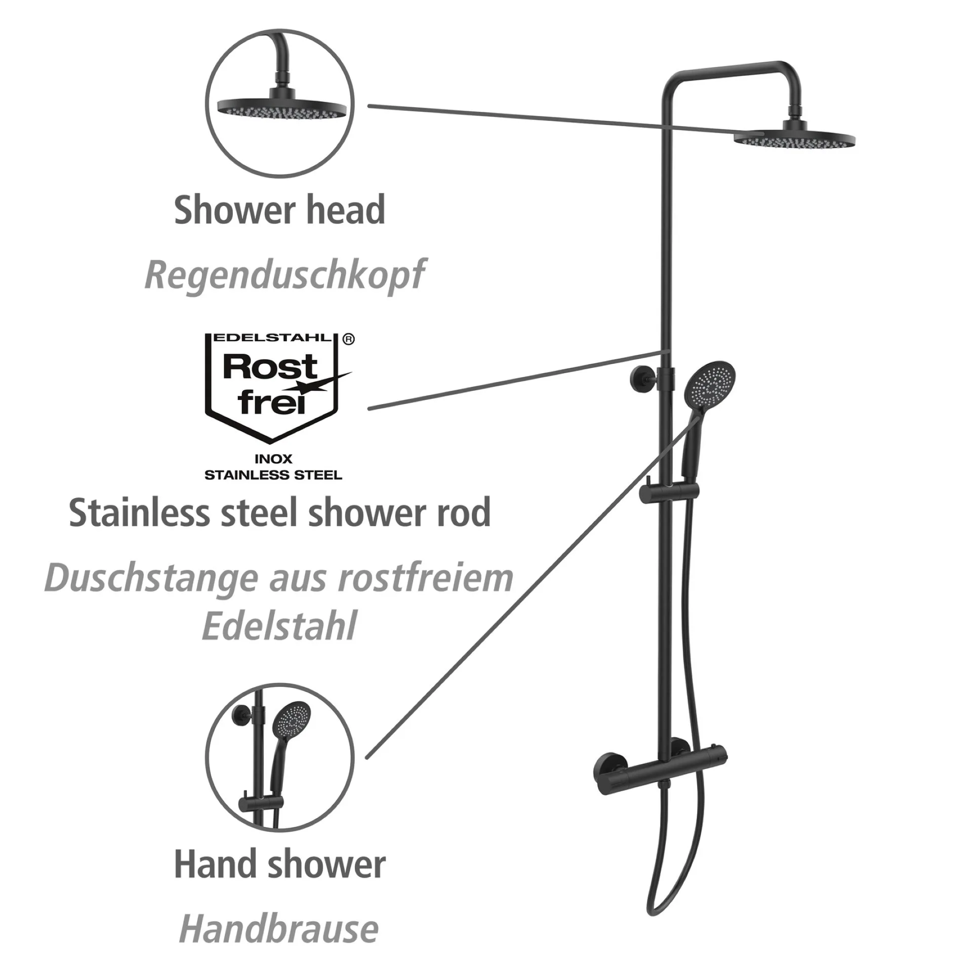 WENKO YOUNG ECO Duschsystem, Schwarz, mit Wassersparsystem, 5 verschiedene Wasserstrahlarten, Duschthermostat