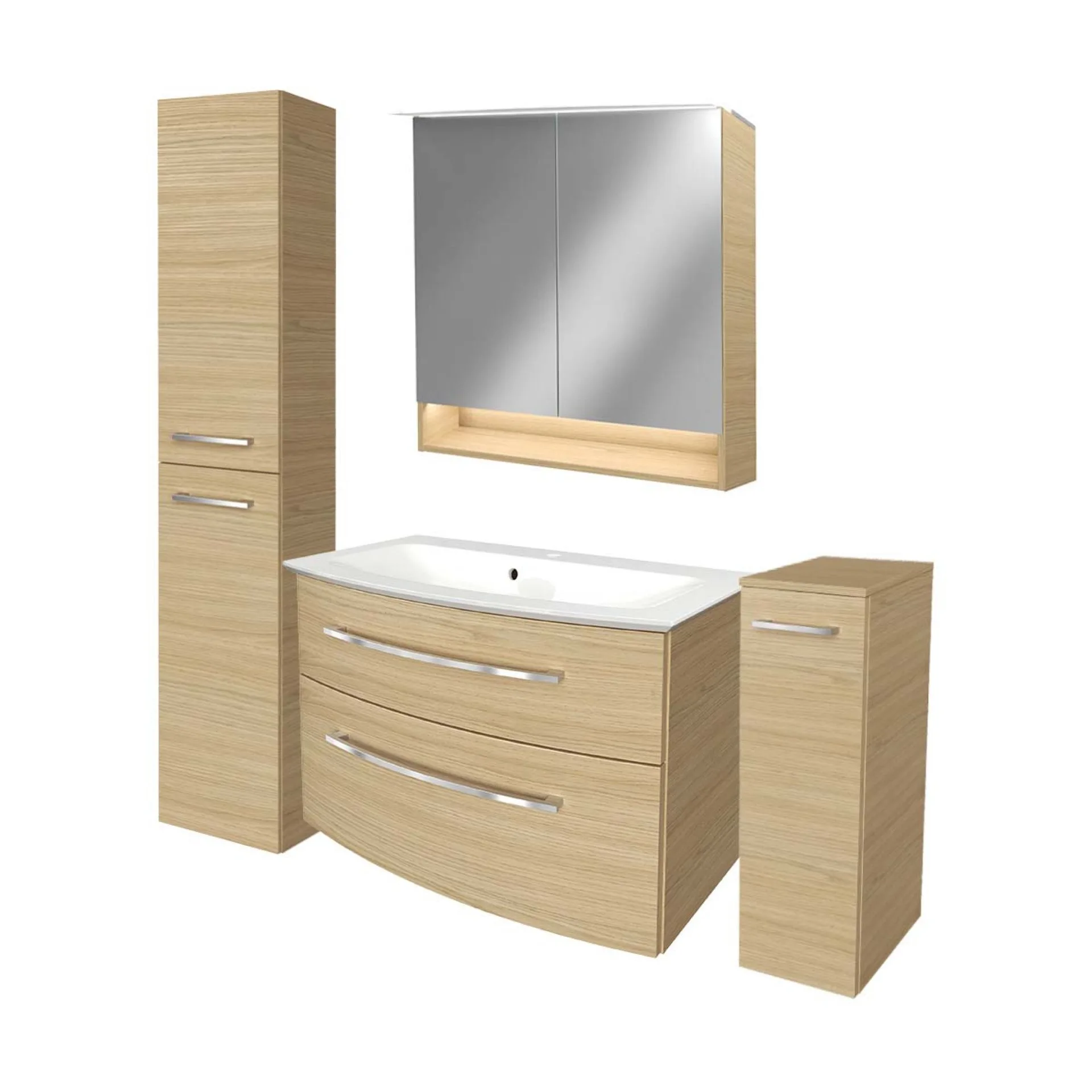 FACKELMANN B.STYLE Badmöbel Set 5-teilig 83 cm breit, Braun + LED Spiegelschrank + Midischrank + Hochschrank