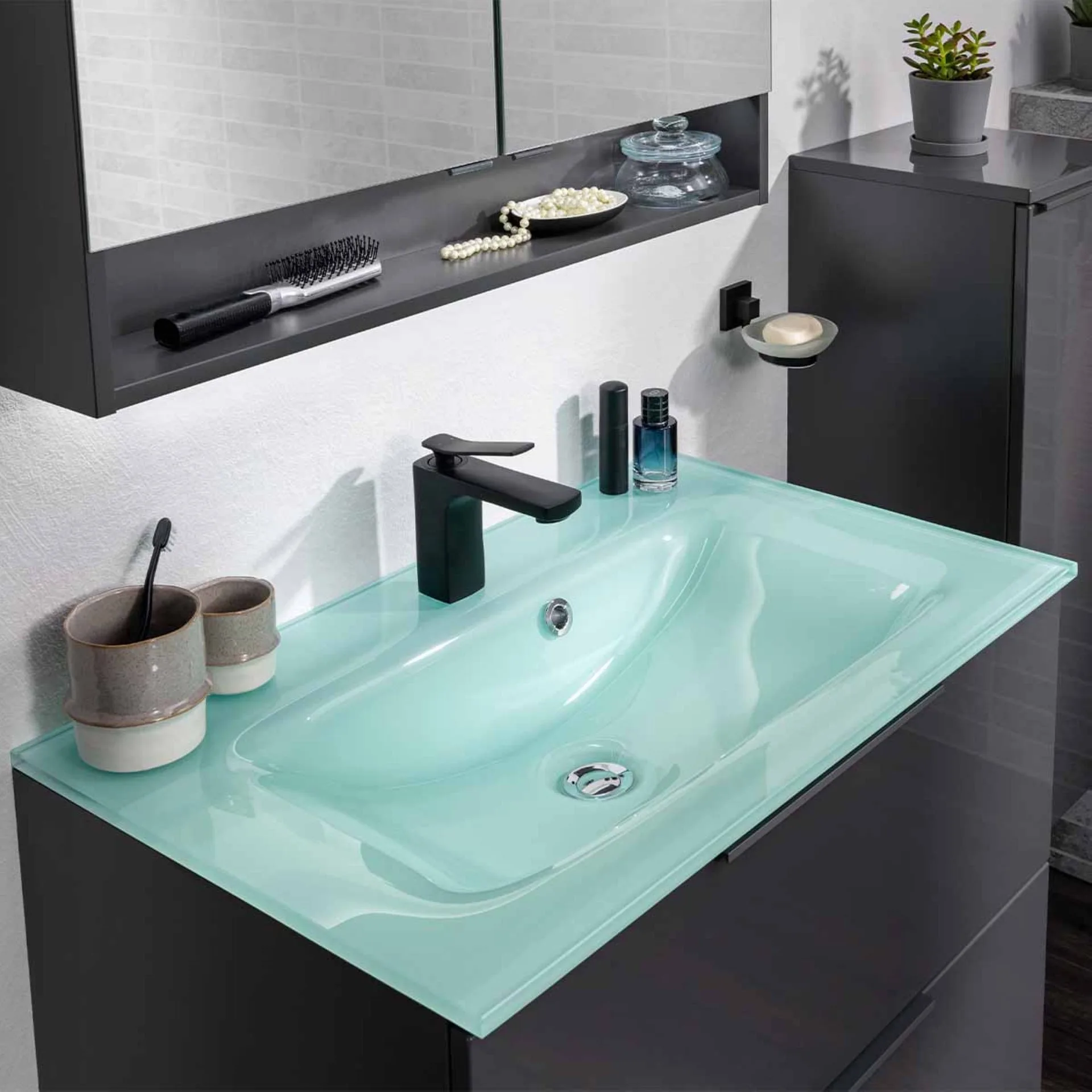 FACKELMANN LUNA Waschbecken mit Unterschrank 80 cm breit, Anthrazit, Waschbecken Glas Mint