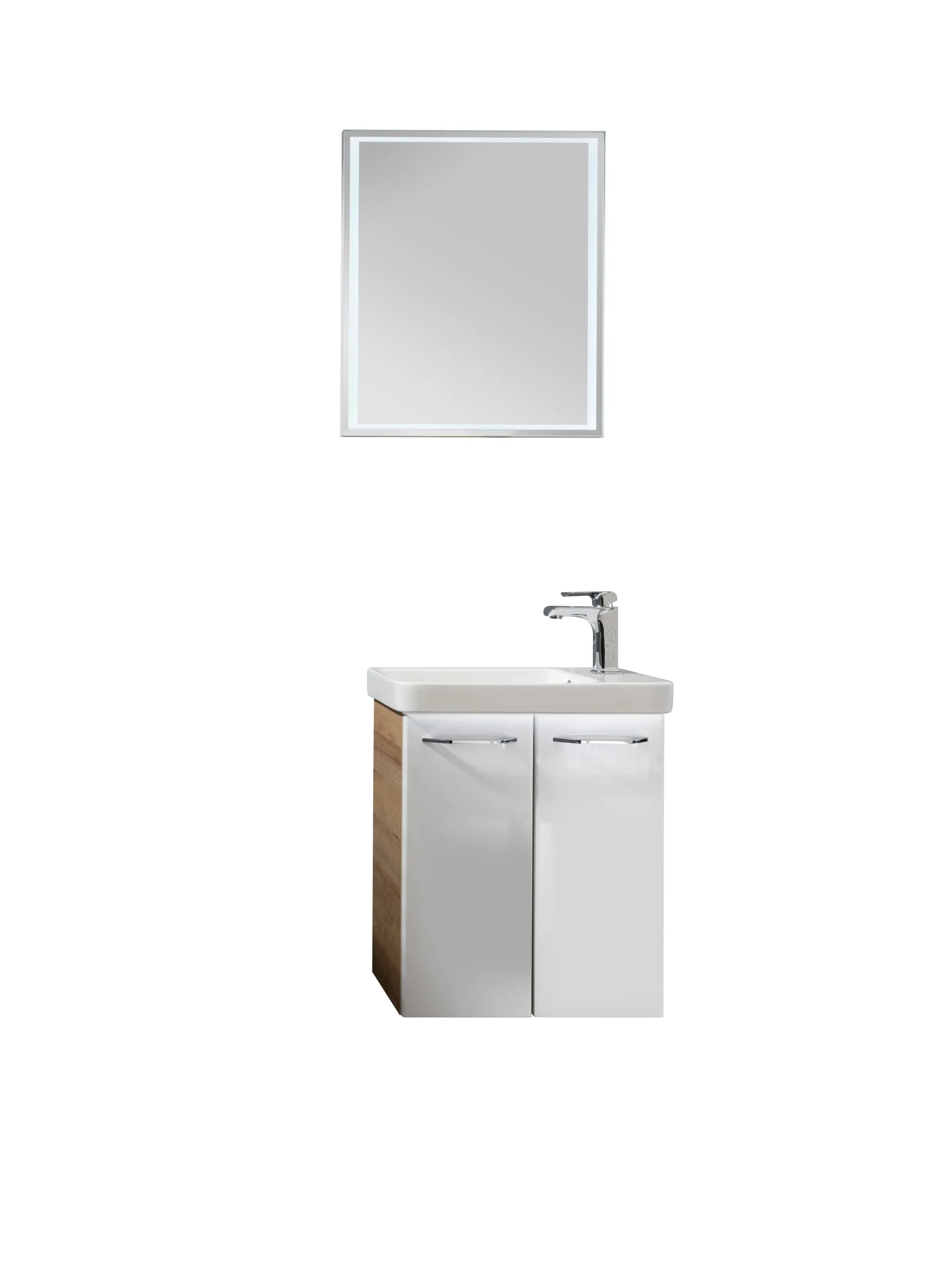 FACKELMANN MILANO Gäste WC Waschtisch Set mit Spiegel 55 cm breit, Weiß/Braun hell, Waschbecken Keramik Weiß + Waschbeckenbeleuchtung + Waschtischarmatur