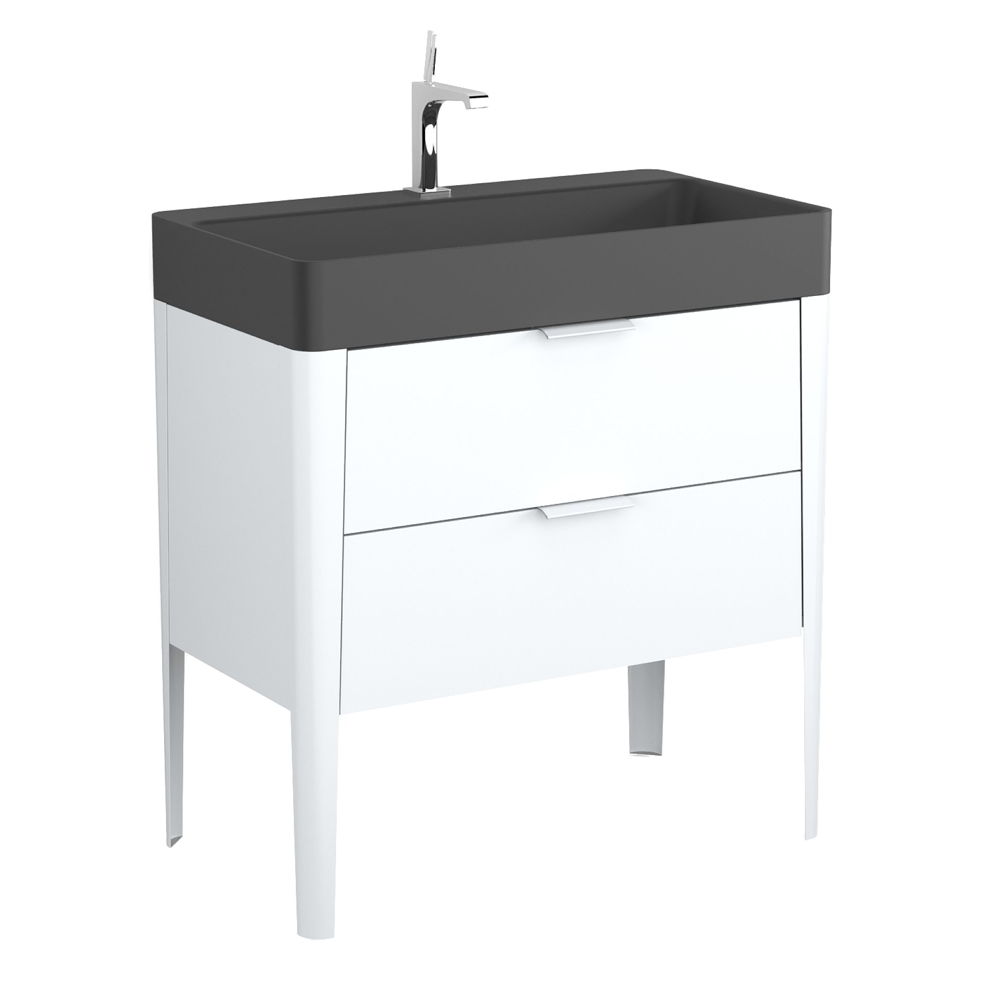 BADEDU SORA Waschbecken mit Unterschrank 80 cm breit, Weiß matt, Waschbecken Quarzkomposit Schwarz, aus Aluminium, mit Füßen