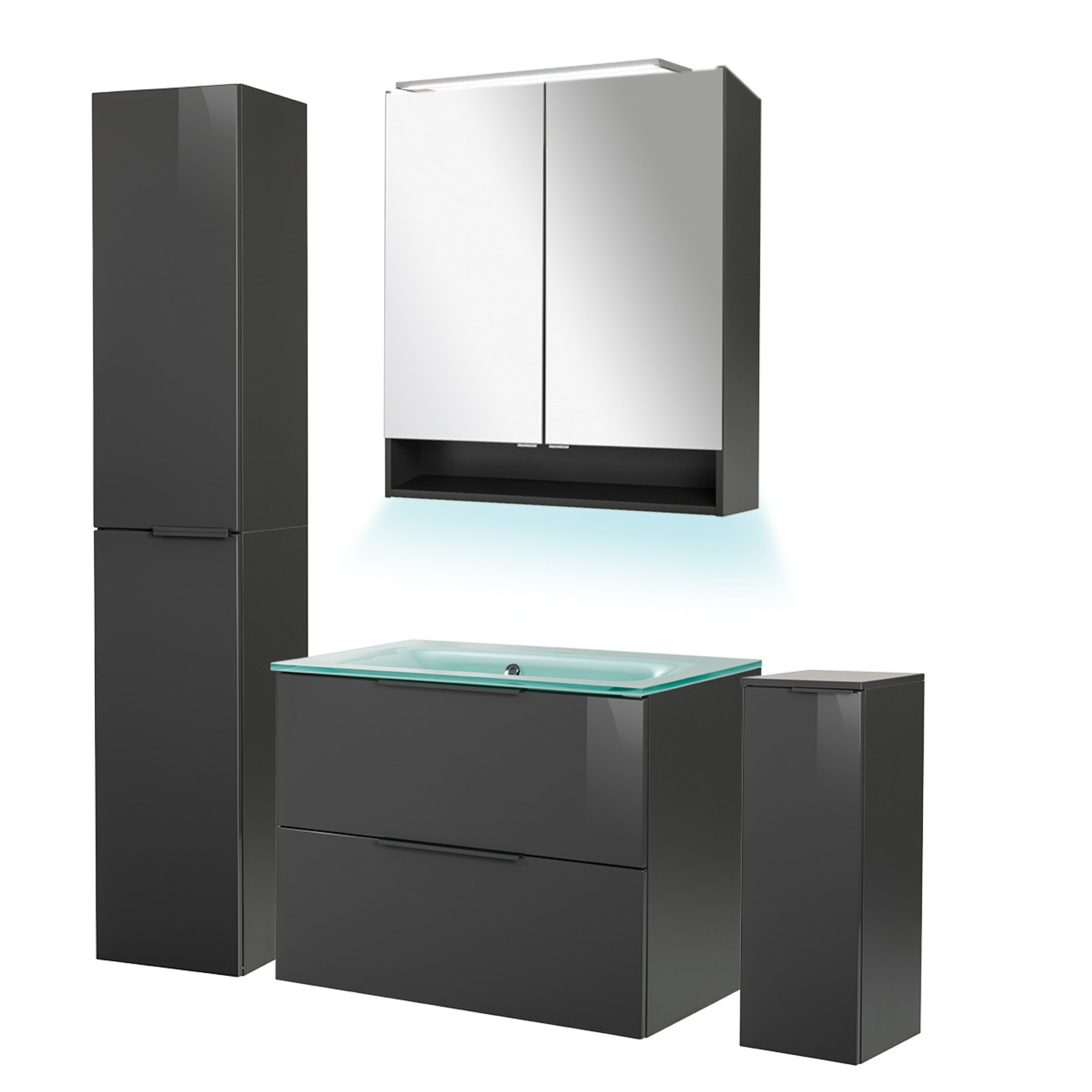 Fackelmann LUNA Badmöbel Set 6-teilig, 80 cm breit, Anthrazit,Glas Mint+Spiegelschrank+2 Badschränke