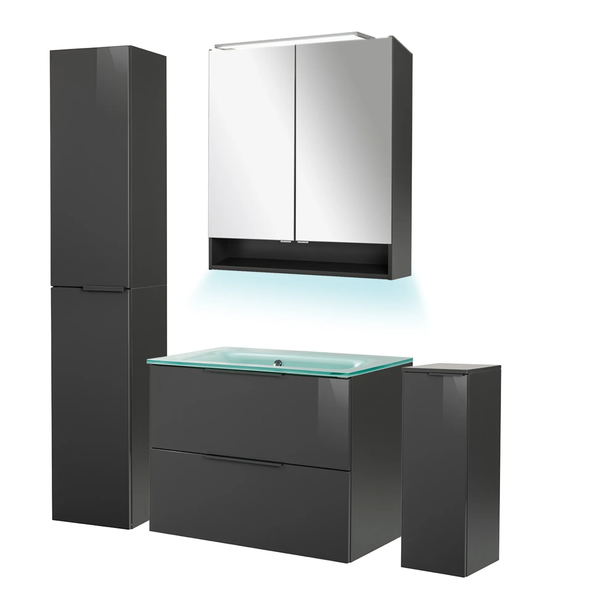 FACKELMANN LUNA Badmöbel Set 6-teilig 80 cm breit, Anthrazit, Waschbecken Glas Mint + Hochschrank + Midischrank + Ambientebeleuchtung