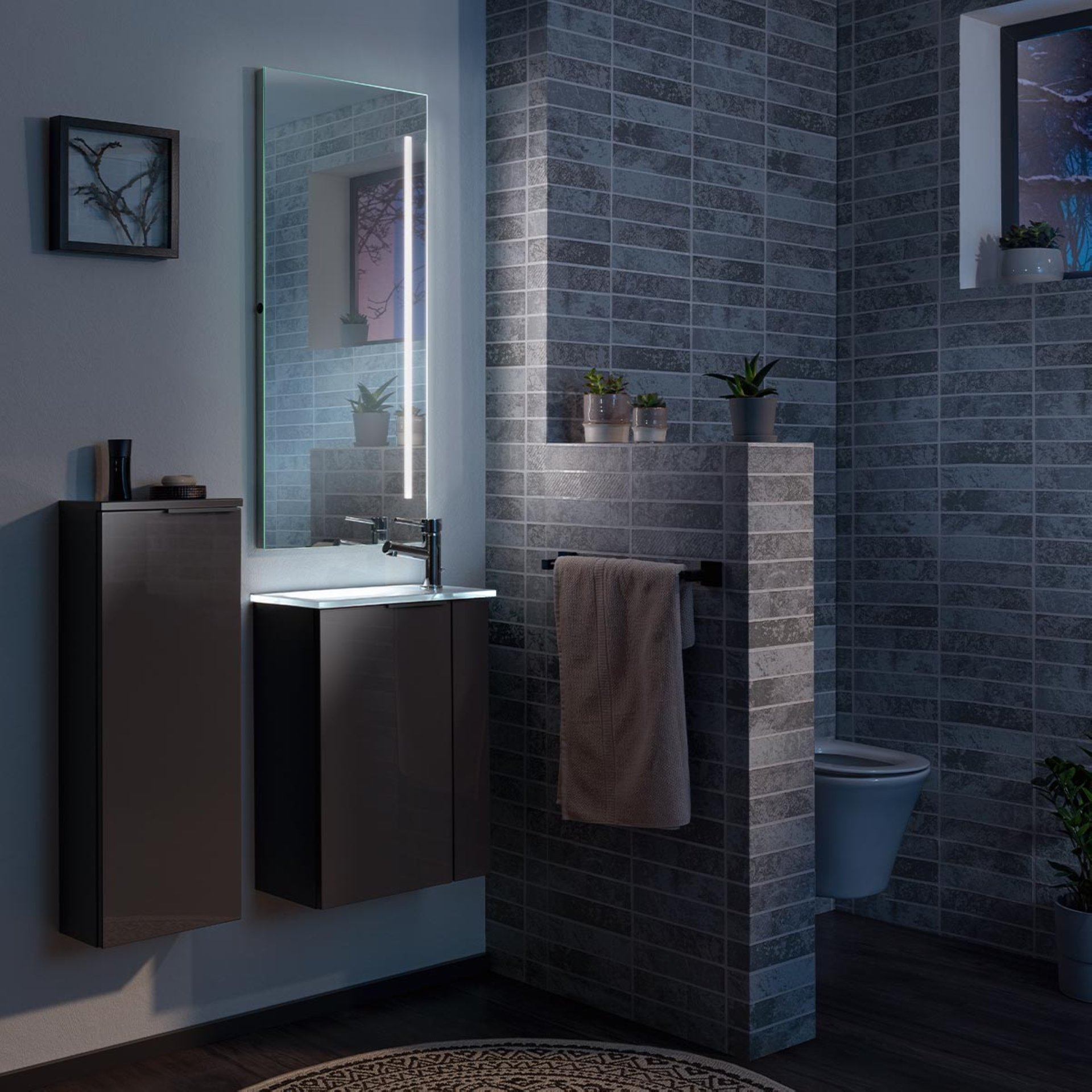 FACKELMANN SBC LUNA Gäste WC Waschtisch Set 45 cm breit, Anthrazit, Waschbecken Glas Weiß, Türanschlag links