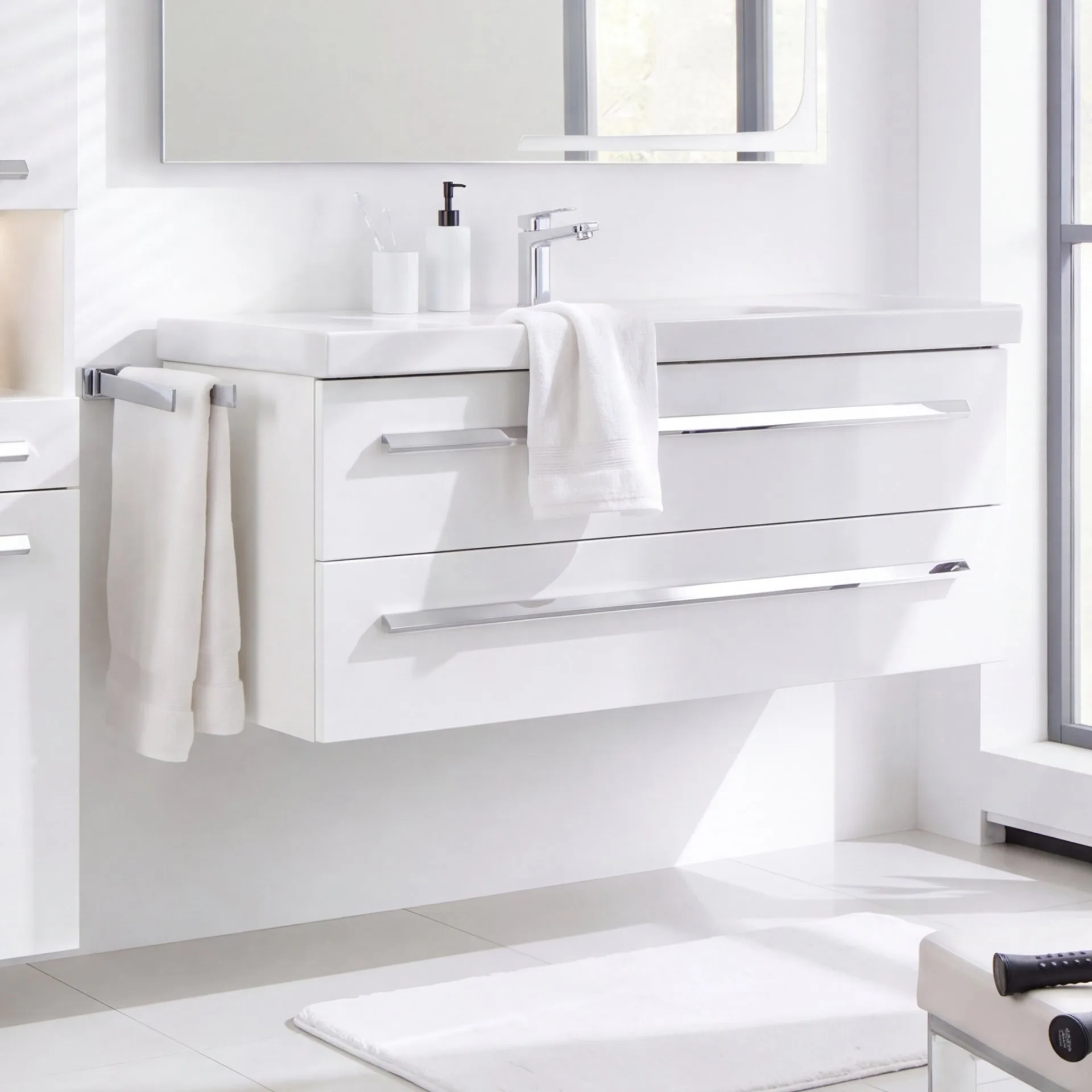 BADEDU TESSANO Waschbecken mit Unterschrank 120 cm breit, Weiß, Waschbecken Keramik Weiß