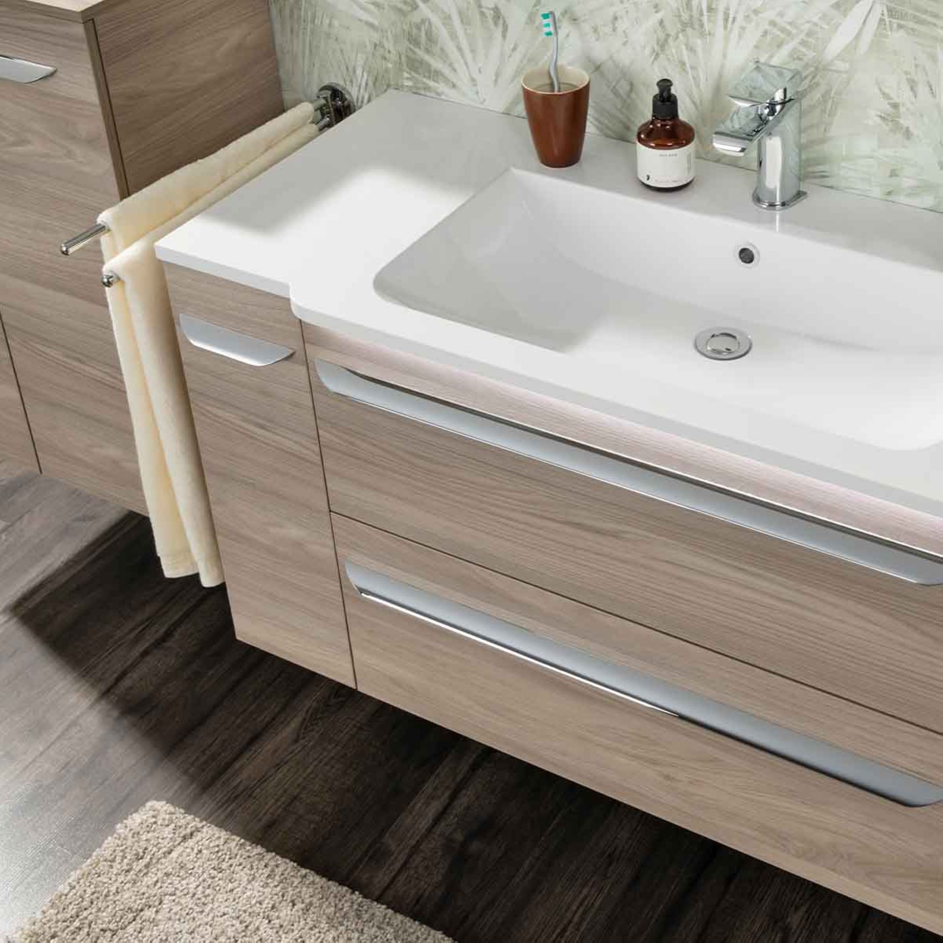FACKELMANN LUXOR Waschbecken mit Unterschrank 100 cm breit, Braun hell, Waschbecken Gussmarmor Weiß + Unterschrank Türanschlag links