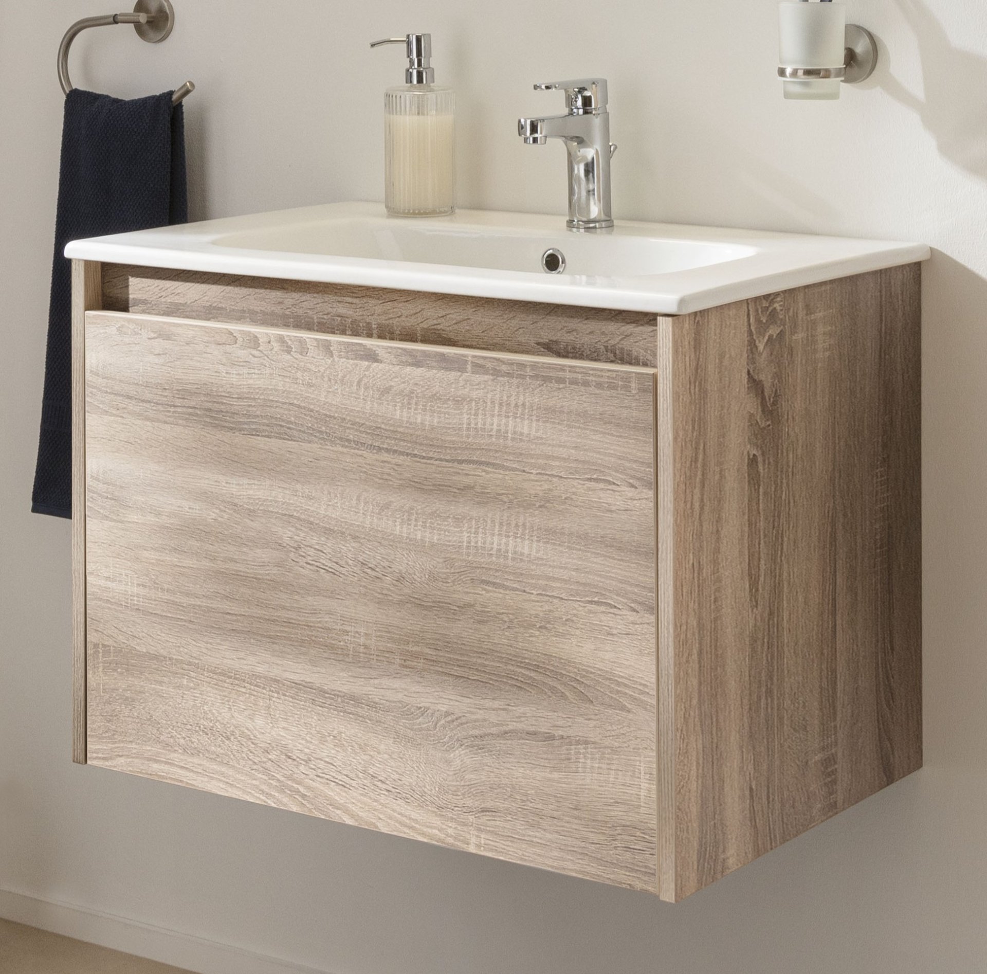 FACKELMANN COMPACT LINE Waschbecken mit Unterschrank 71 cm breit, Braun, Waschbecken Keramik Weiß, 1 Schublade