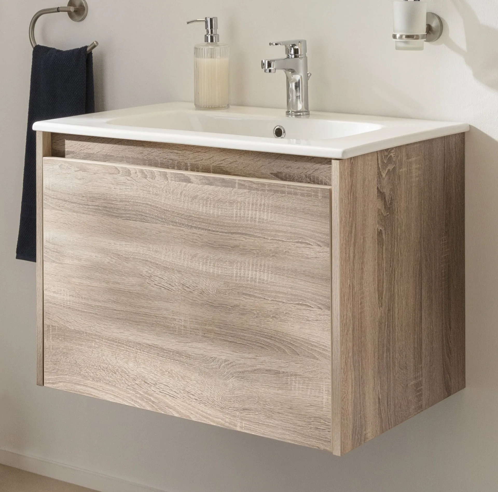 FACKELMANN COMPACT LINE Waschbecken mit Unterschrank 71 cm breit, Braun, Waschbecken Keramik Weiß, 1 Schublade