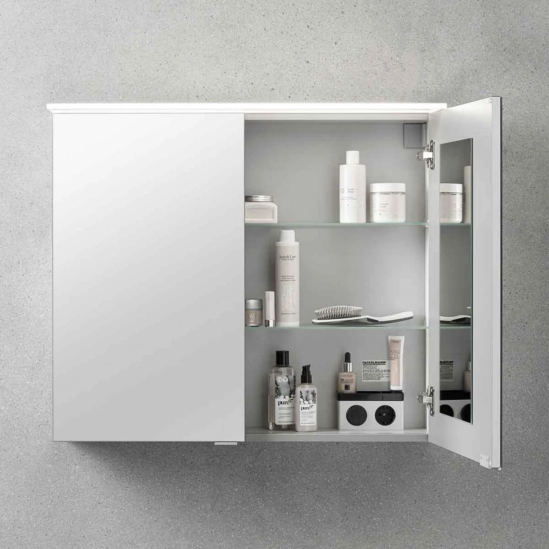 FACKELMANN B.PERFEKT Badmöbel Set 4-teilig 82 cm breit, Braun hell, Waschbecken Keramik Weiß + LED Spiegelschrank + Hochschrank