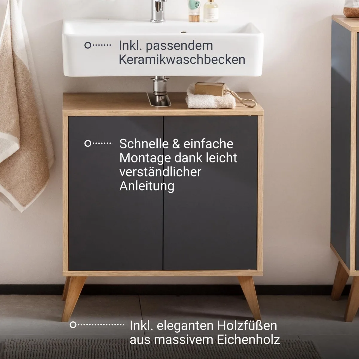 FACKELMANN FINN Waschbecken mit Unterschrank 60 cm breit, Anthrazit/Braun hell, Waschbecken Keramik Weiß + Holzfüße