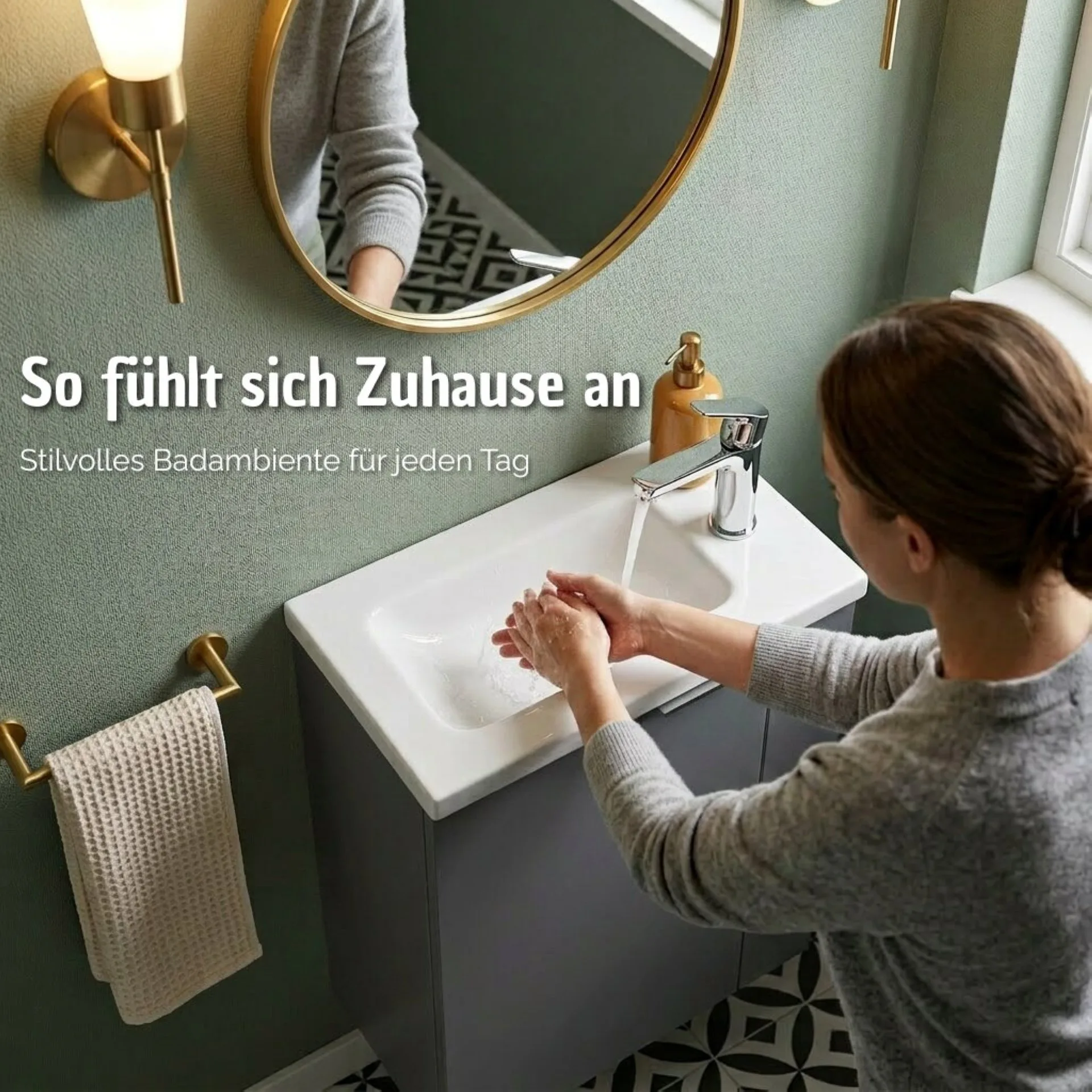 BADEDU UMEA Gäste WC Waschtisch Set 50 cm breit, Anthrazit, Waschbecken Gussmarmor Weiß