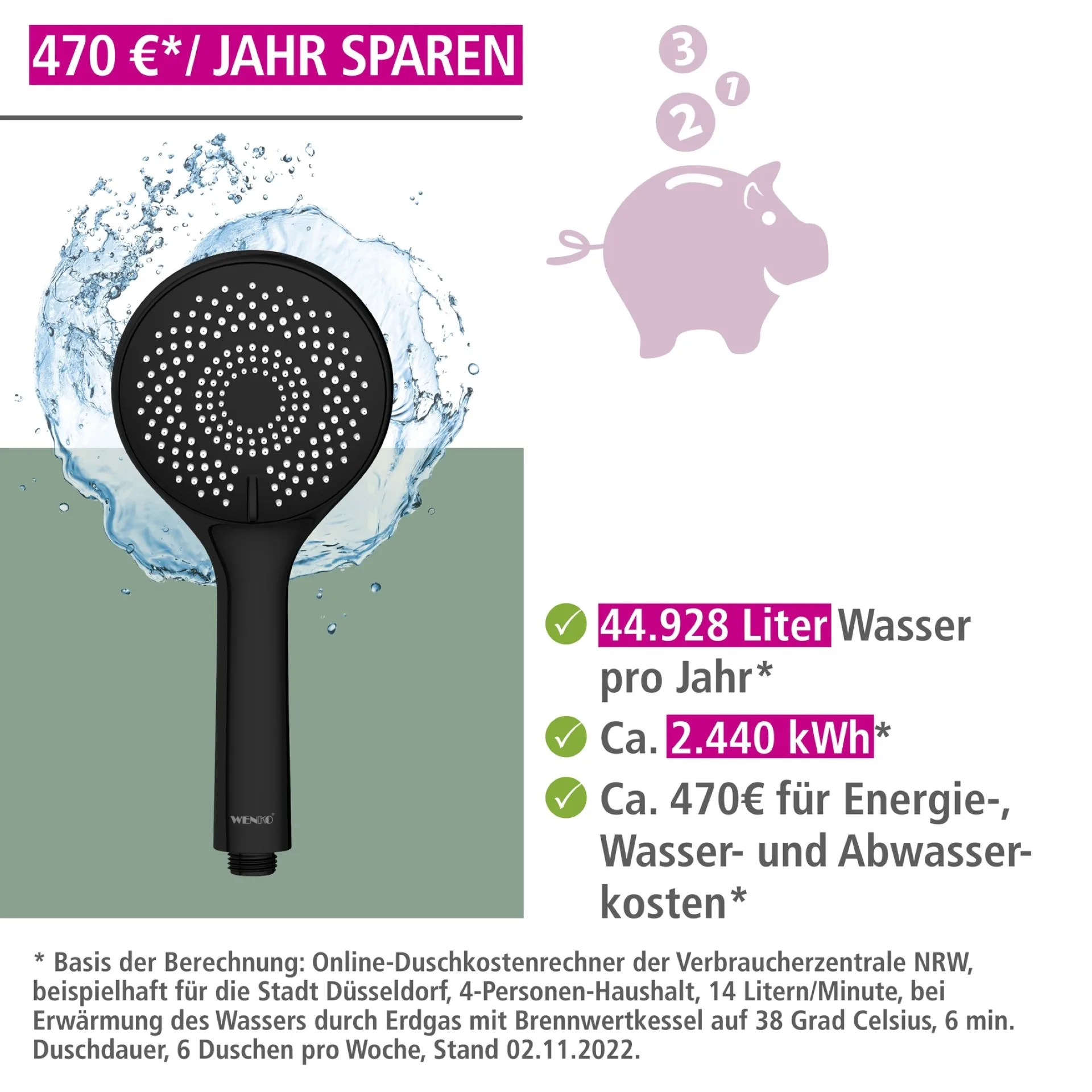 WENKO Stangenbrause Set 70 cm, Schwarz, mit Wassersparsystem, 3 verschiedene Wasserstrahlarten, Edelstahl