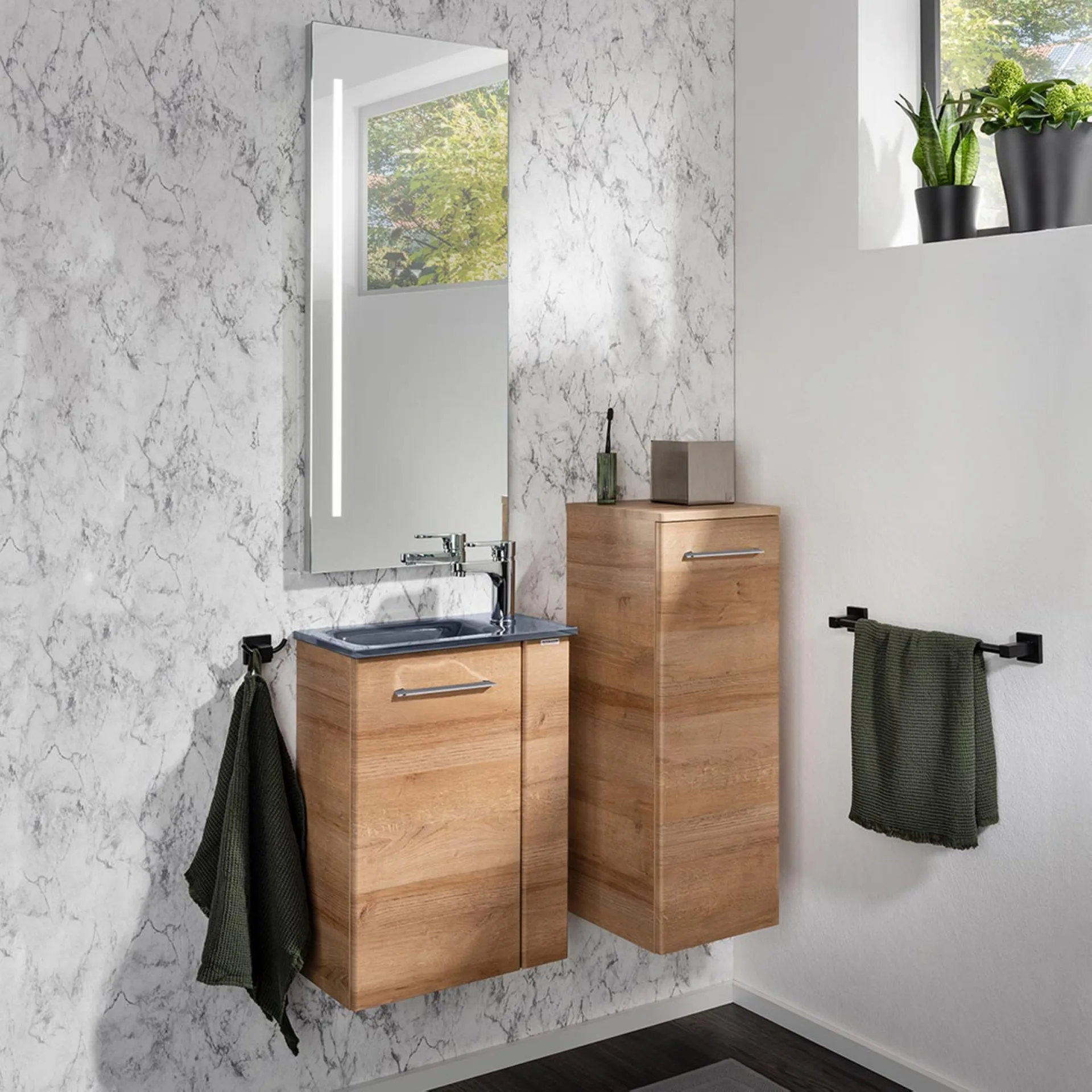 FACKELMANN SBC MILANO Gäste WC Waschtisch Set 45 cm breit, Braun hell, Waschbecken Glas Anthrazit, Türanschlag links