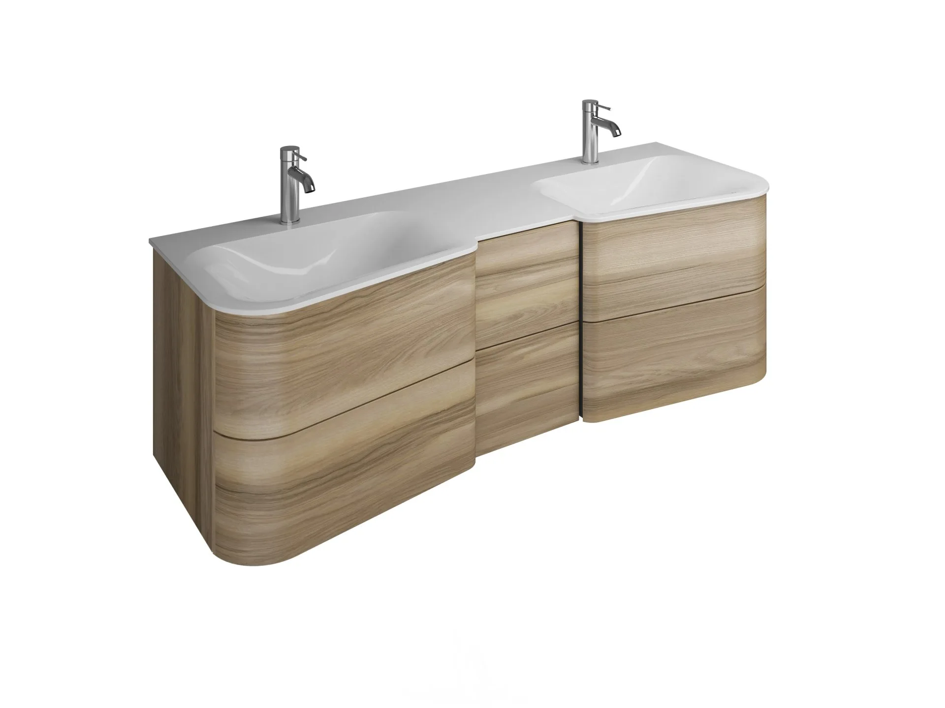 Burgbad BADU Waschbecken mit Unterschrank 152 cm breit, Braun, Doppelwaschbecken Gussmarmor Weiß samt, 6 Schubladen