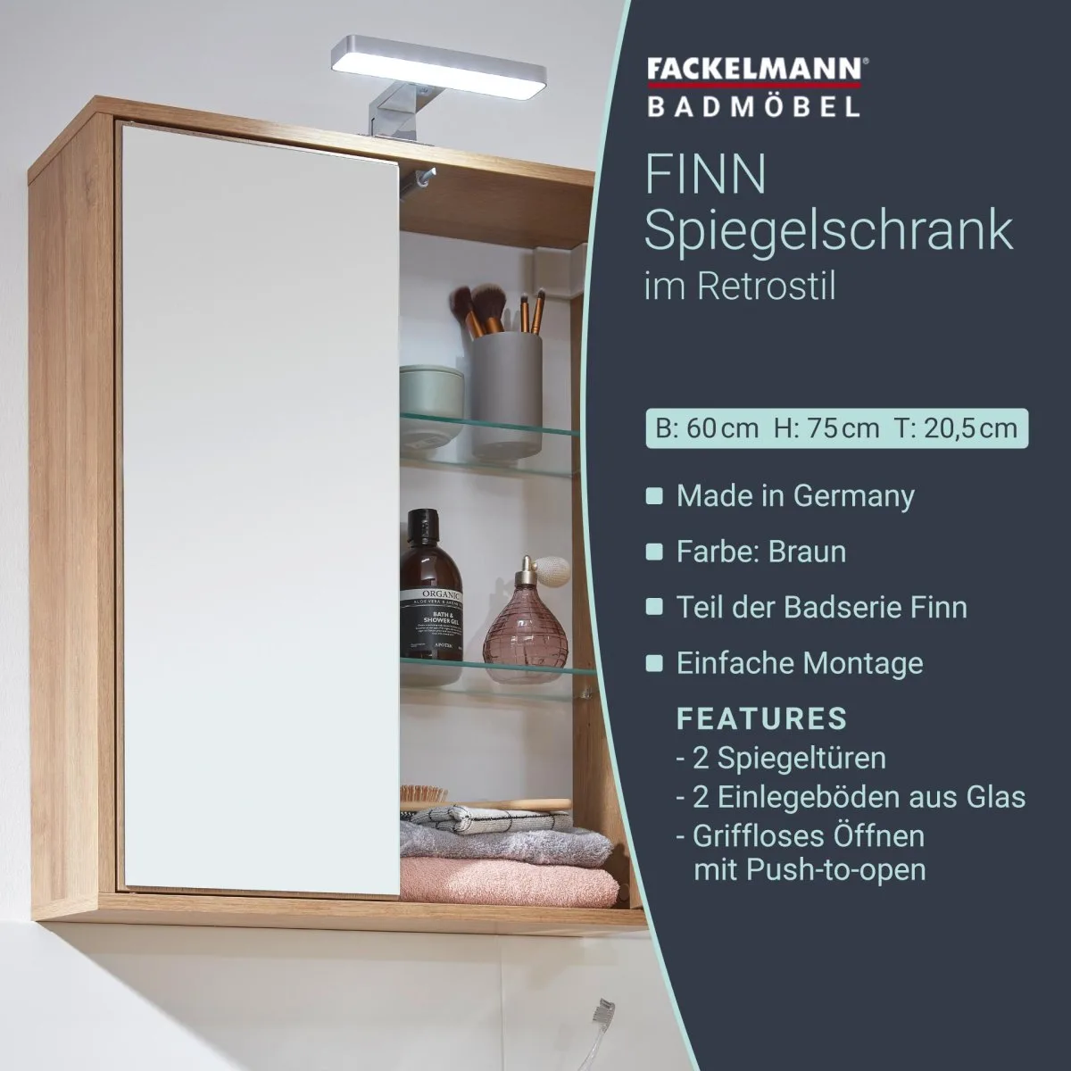 FACKELMANN FINN Spiegelschrank 60 cm breit, Braun hell