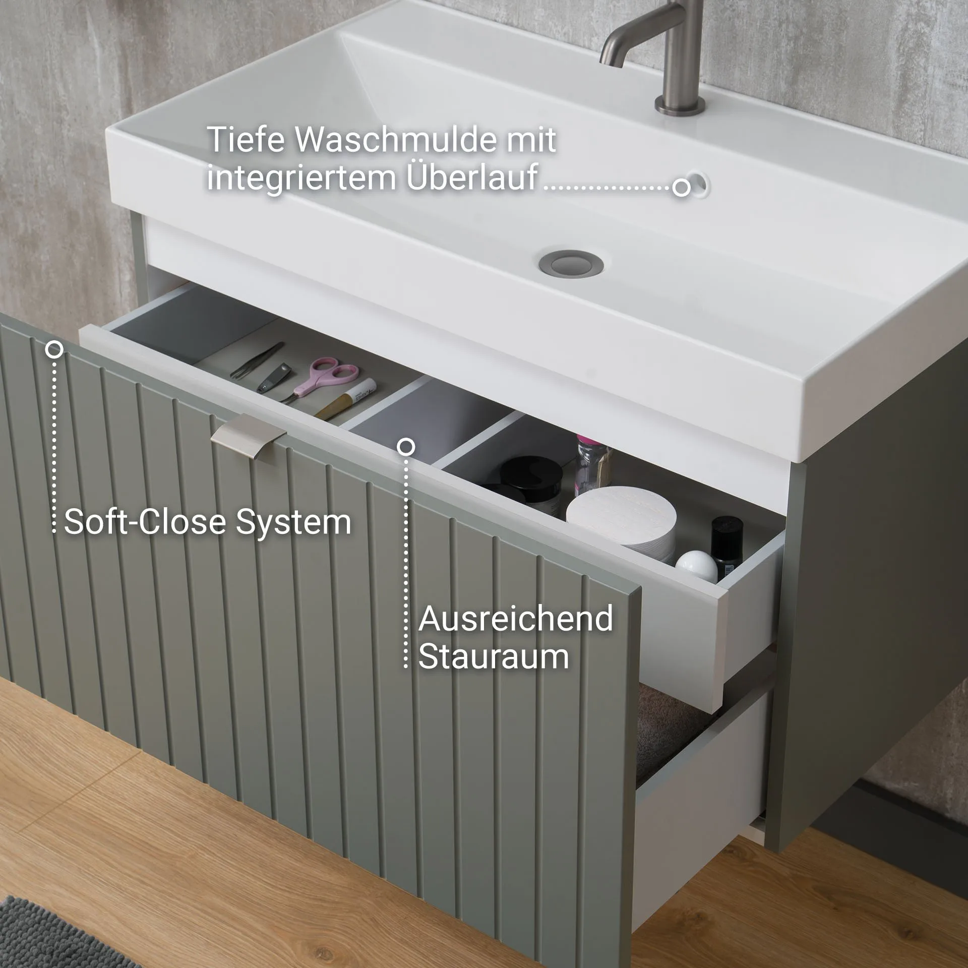 BADEDU ESLA Waschbecken mit Unterschrank 79 cm breit, Grün, Waschbecken Gussmarmor Weiß
