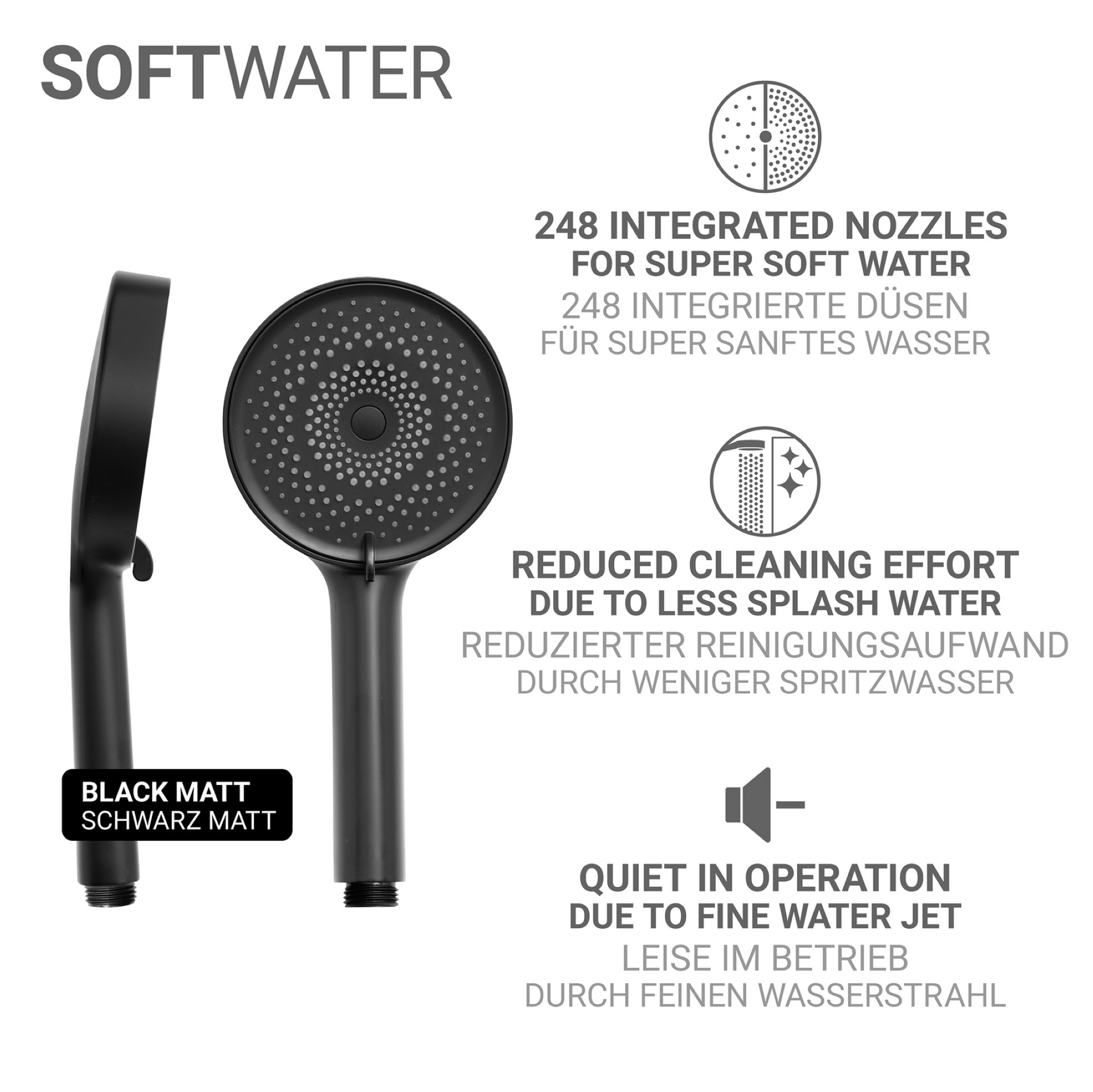 WENKO Duschkopf Ø 12 cm, Schwarz, mit Wassersparsystem, 3 verschiedene Wasserstrahlarten, 248 Düsen
