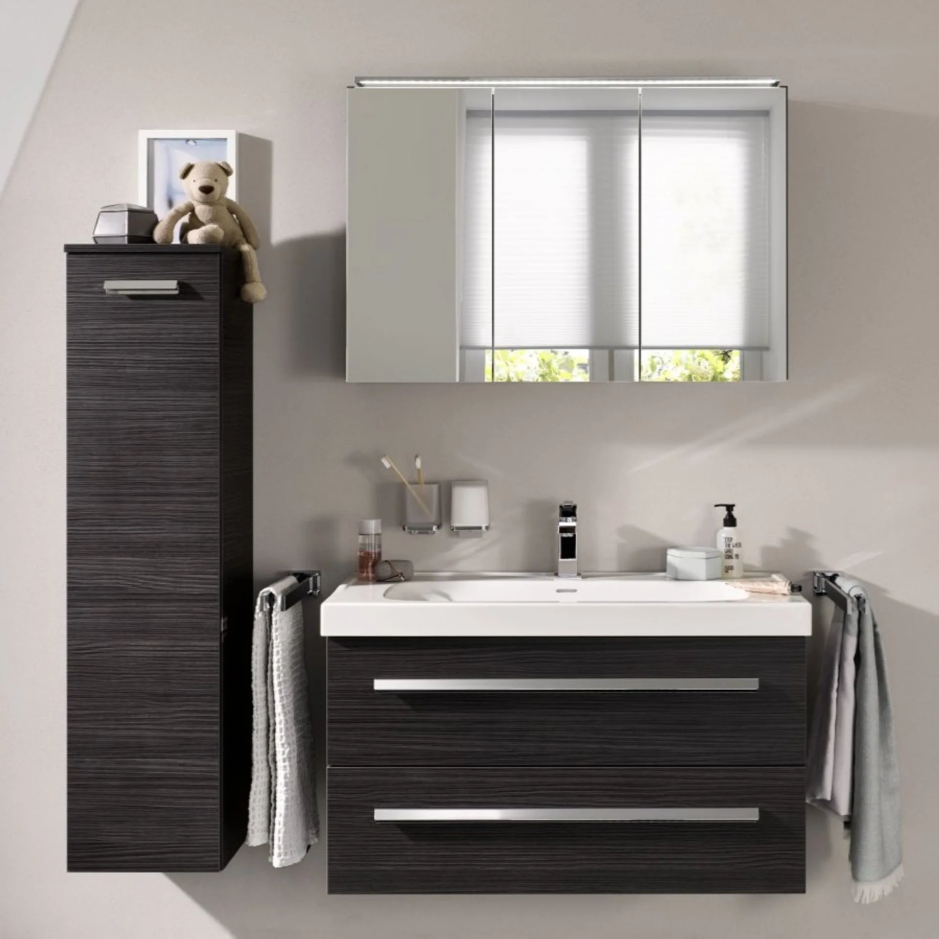 LANZET K1 Waschbeckenunterschrank 90 cm, Anthrazit Holzoptik