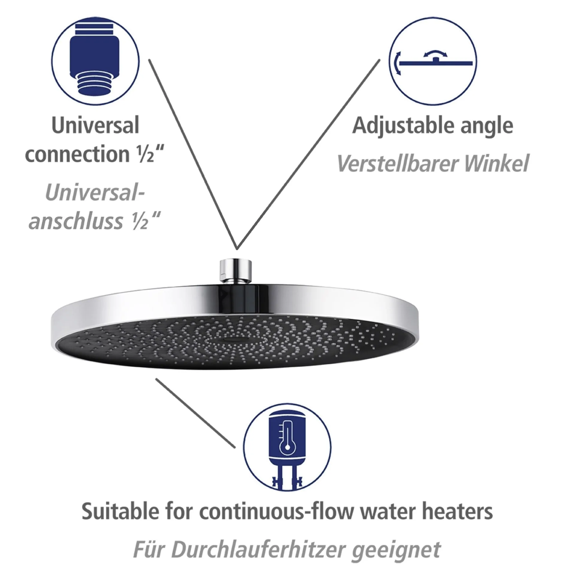 WENKO SOFTWATER Duschkopf Regendusche Ø 26 cm, Chrom/Schwarz, 3 verschiedene Wasserstrahlarten