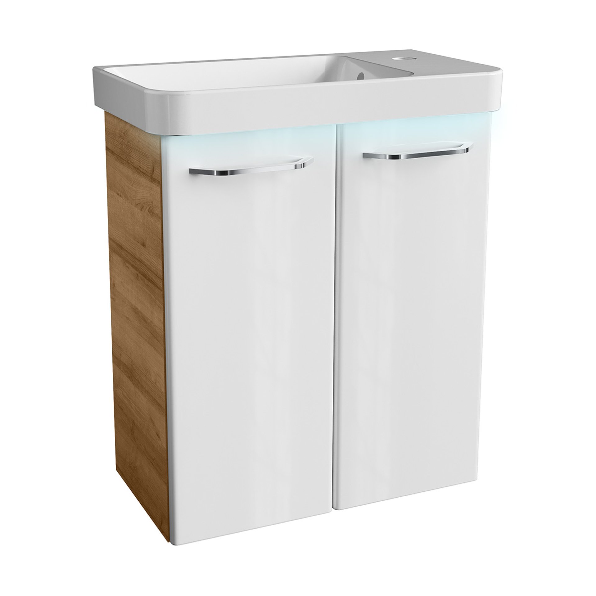 FACKELMANN MILANO Gäste WC Waschtisch Set 55 cm breit, Weiß/Braun hell, Waschbecken Keramik Weiß + Waschbeckenbeleuchtung