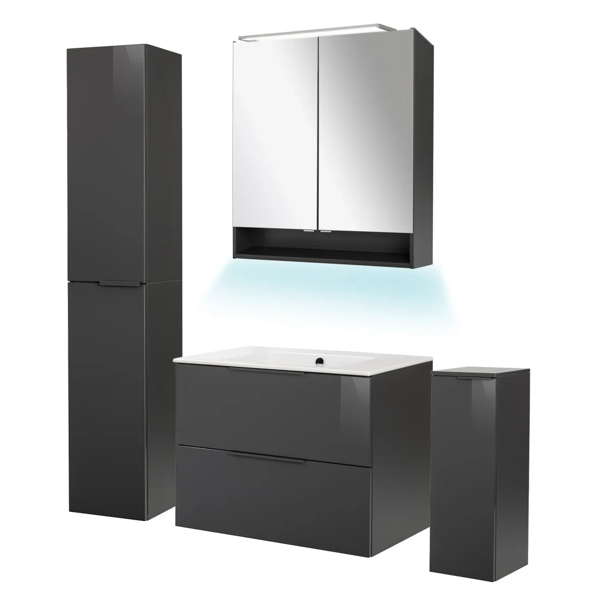 FACKELMANN LUNA Badmöbel Set 6-teilig 80 cm breit, Anthrazit, Waschbecken Keramik Weiß + LED Spiegelschrank + Hochschrank + Midischrank + Ambientebeleuchtung