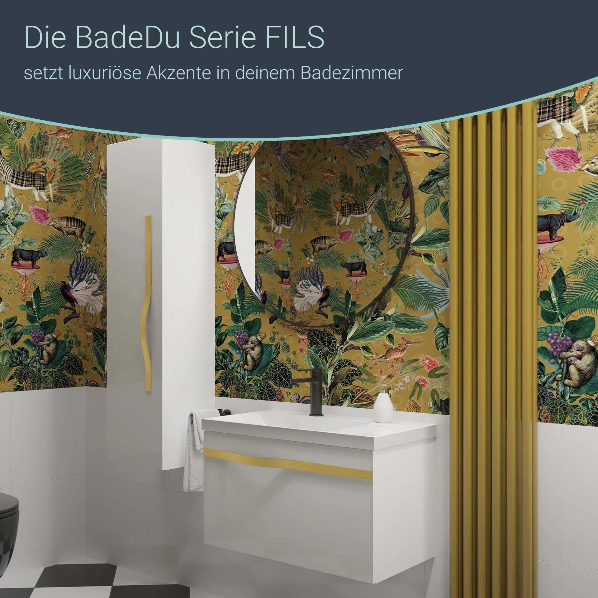 BADEDU FILS Hochschrank 33 cm breit, Weiß, Griff Gold