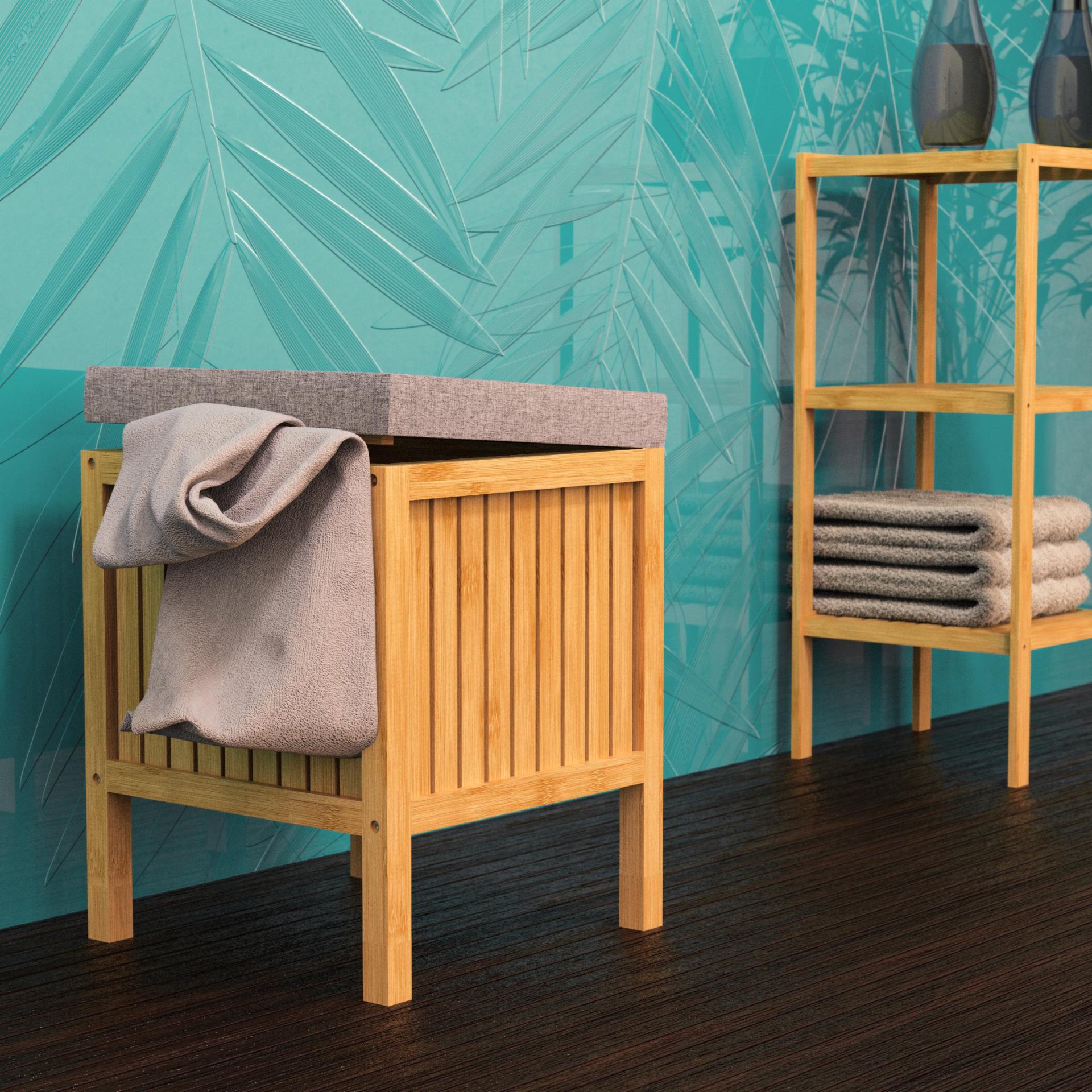 EISL BAMBUS Wäschesammler 39 cm breit, Braun, mit Sitzkissen Grau