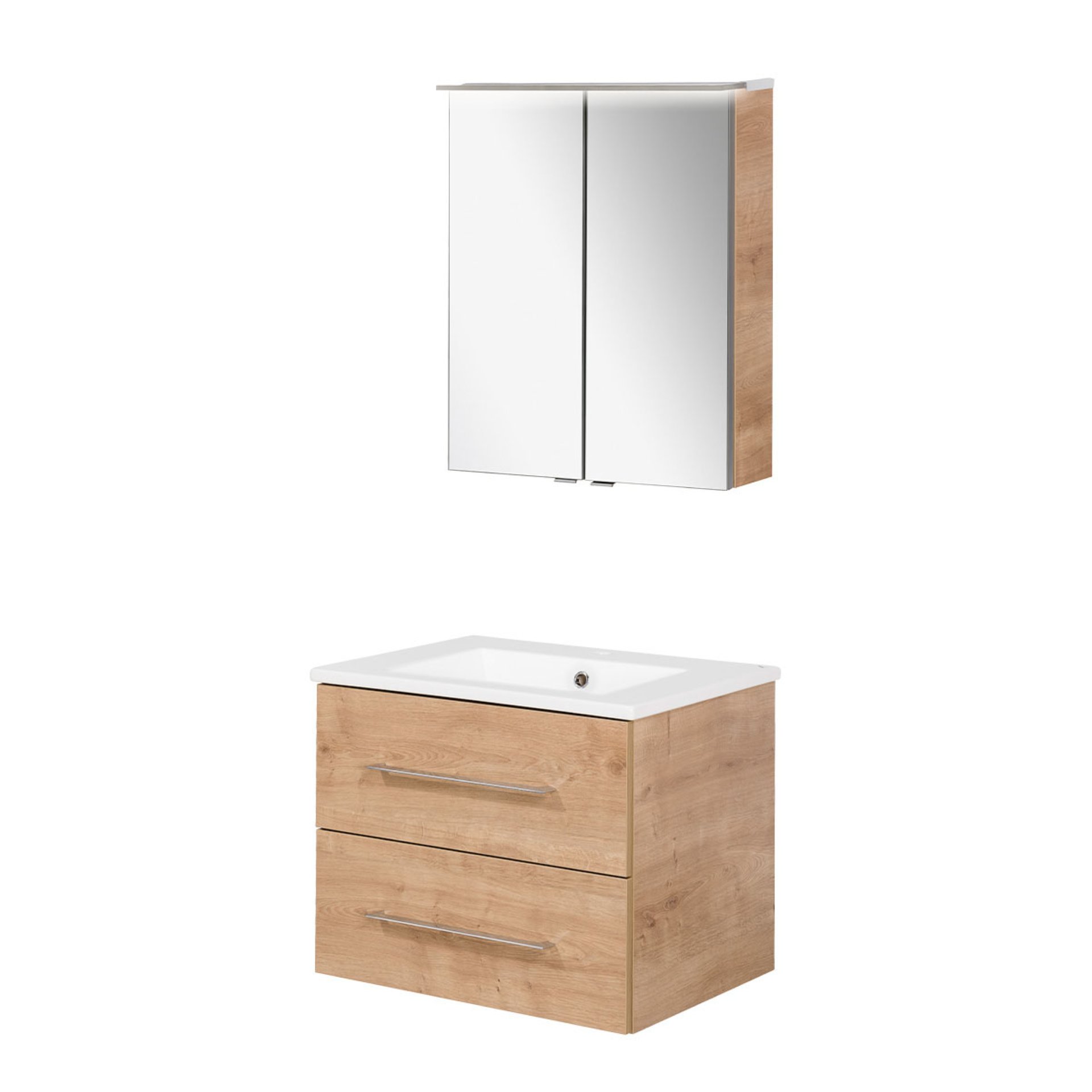 FACKELMANN B.PERFEKT Waschtisch Set mit Spiegelschrank 62 cm breit, Braun hell, Waschbecken Keramik