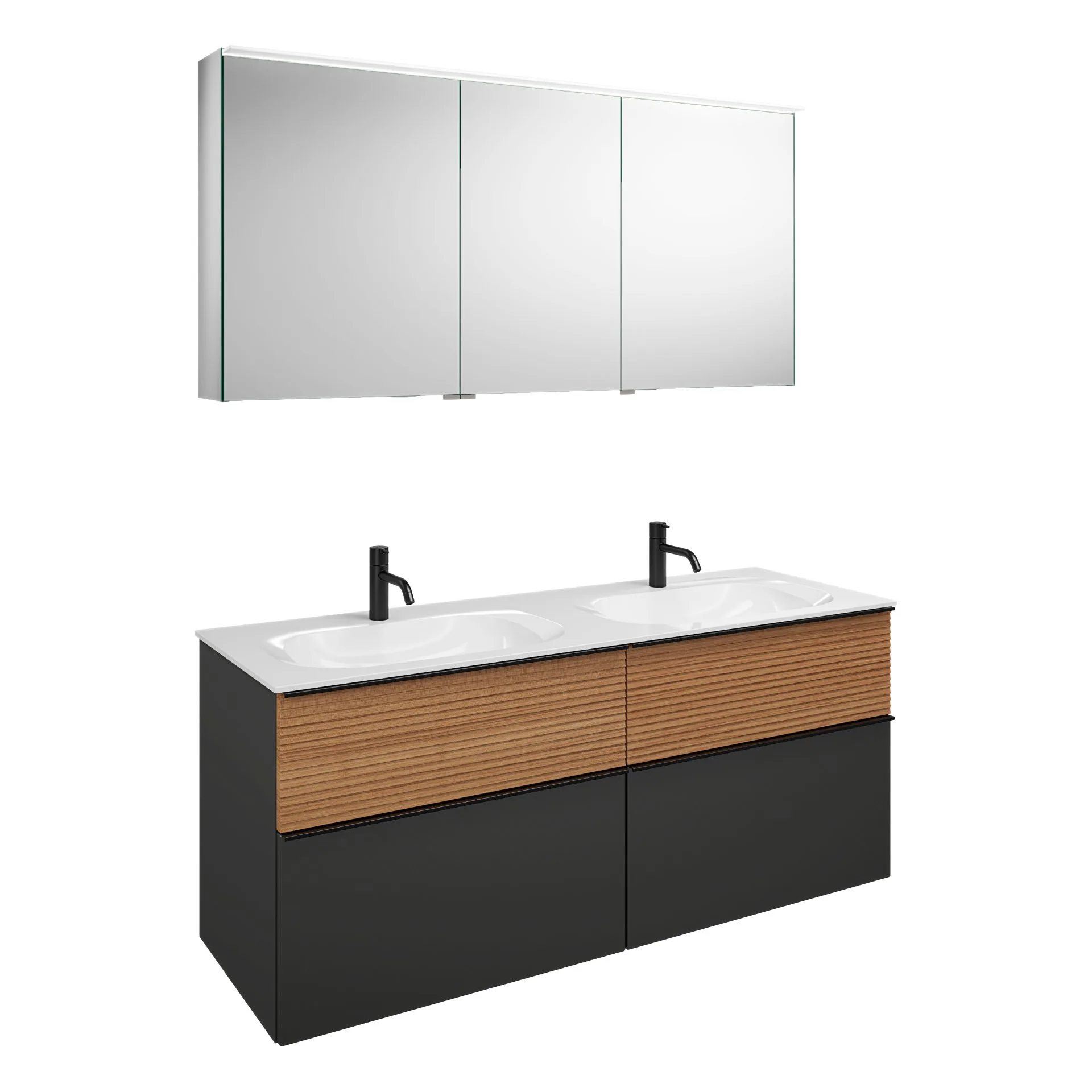 Burgbad FIUMO Waschtisch Set mit Spiegelschrank 142 cm breit, Braun/Anthrazit, Doppelwaschbecken Gussmarmor Weiß, 4 Schubladen, Anschlag rechts