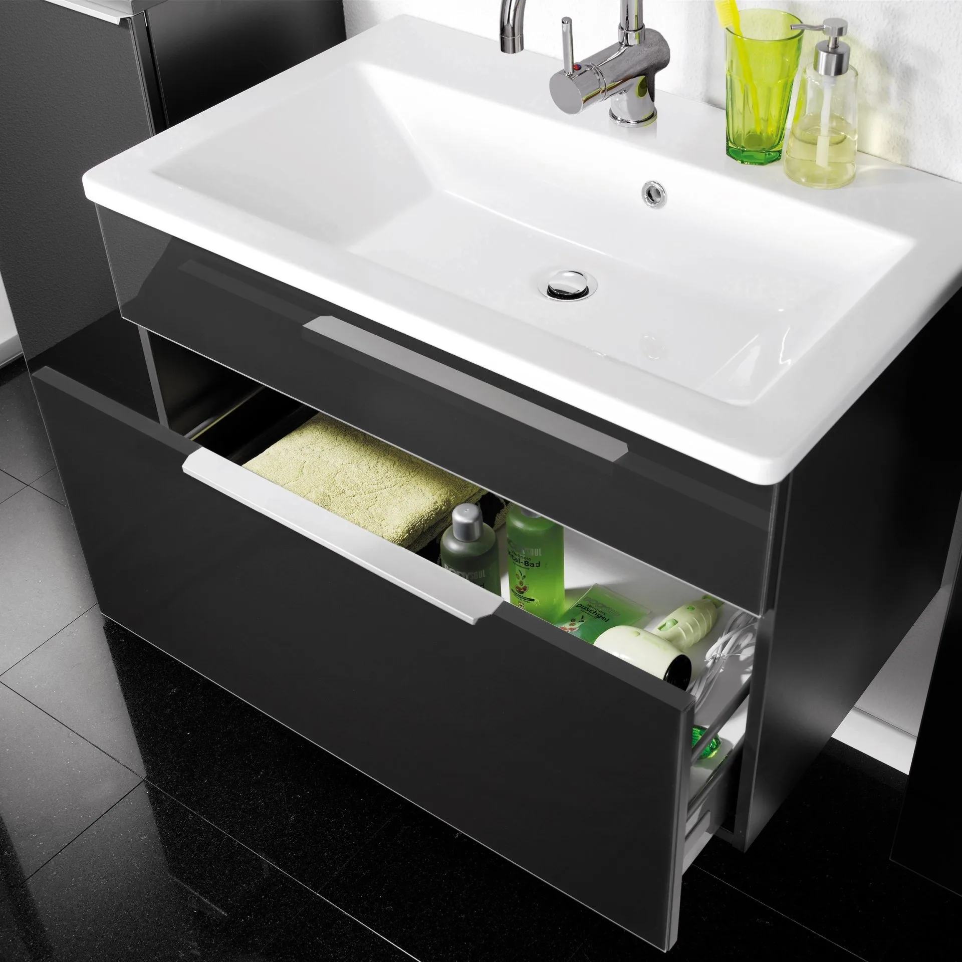 FACKELMANN KARA Waschtisch Set mit Spiegelschrank 80 cm breit, Anthrazit, Waschbecken Gussmarmor Weiß, 1 Schublade