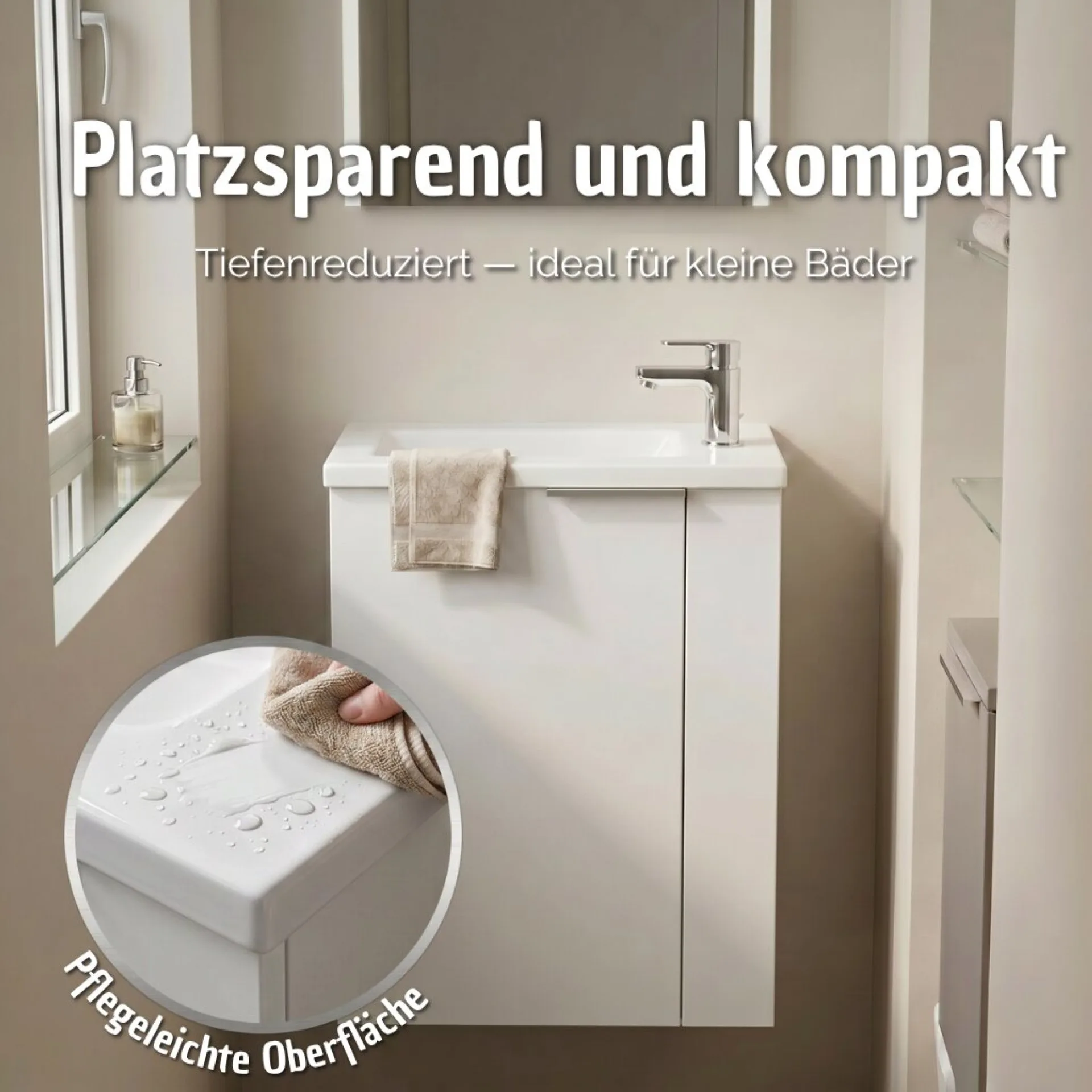 BADEDU UMEA Gäste WC Waschtisch Set 50 cm breit, Weiß, Waschbecken Gussmarmor Weiß
