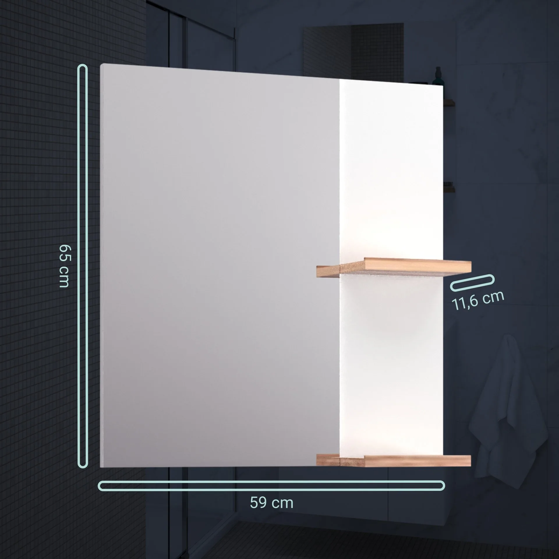 BADEDU HIERA Spiegel 59 cm breit, Weiß, zwei Ablagen