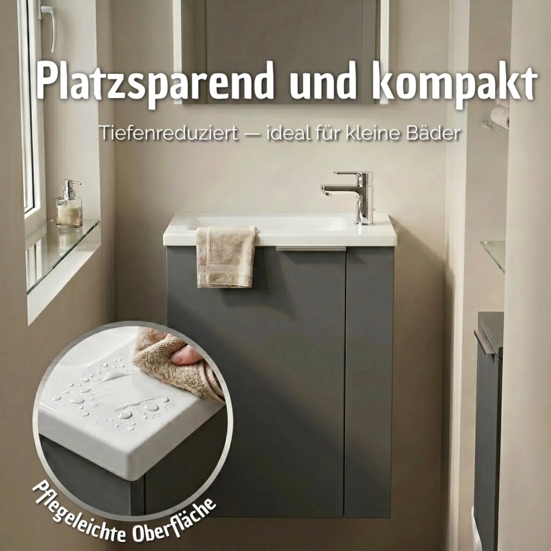 BADEDU UMEA Gäste WC Waschtisch Set 50 cm breit, Anthrazit, Waschbecken Gussmarmor Weiß