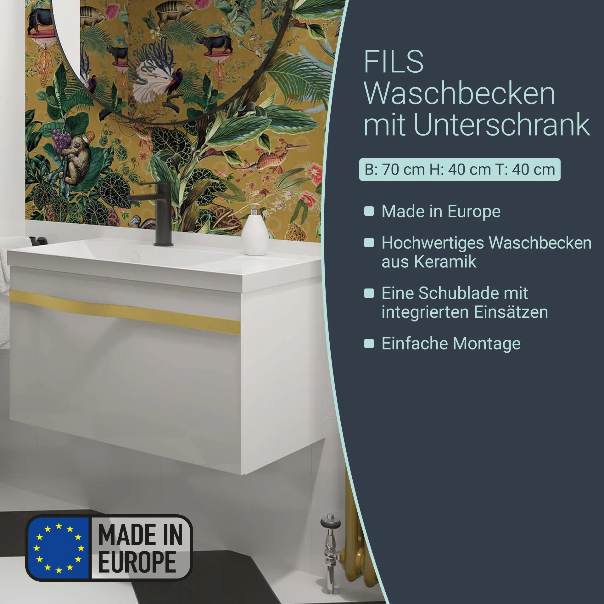 BADEDU FILS Waschbecken mit Unterschrank 69 cm breit, Weiß, Waschbecken Gussmarmor Weiß, Griff Gold