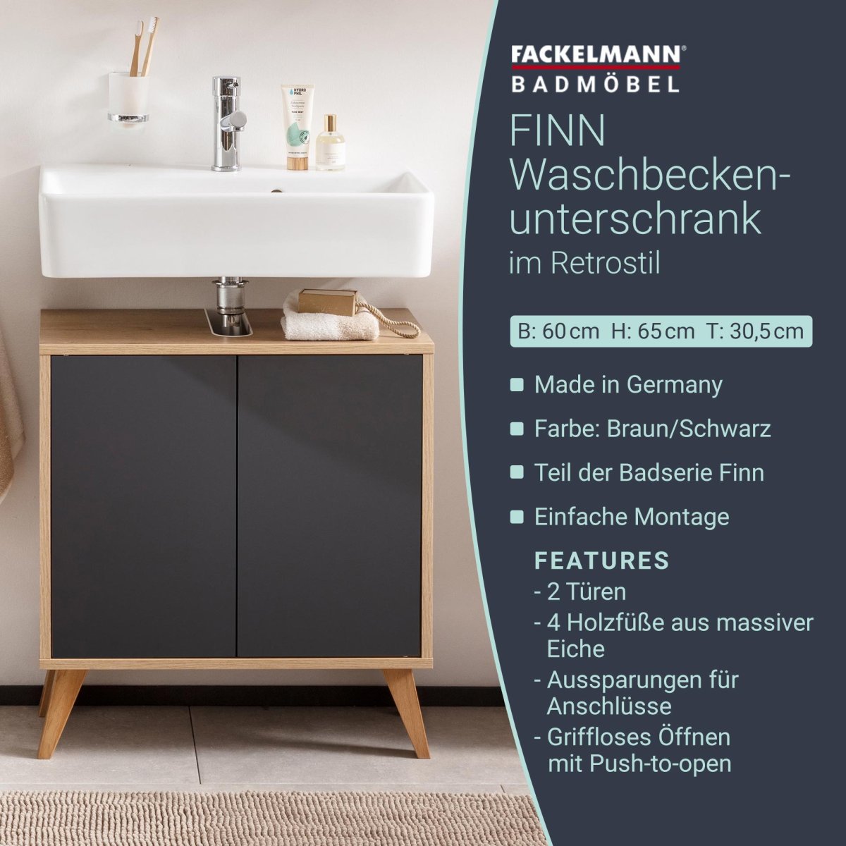 FACKELMANN FINN Waschbeckenunterschrank 60 cm breit, Anthrazit/Braun hell + Holzfüße