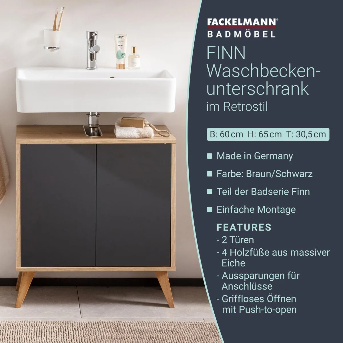 FACKELMANN FINN Waschbeckenunterschrank 60 cm breit, Anthrazit/Braun hell + Holzfüße