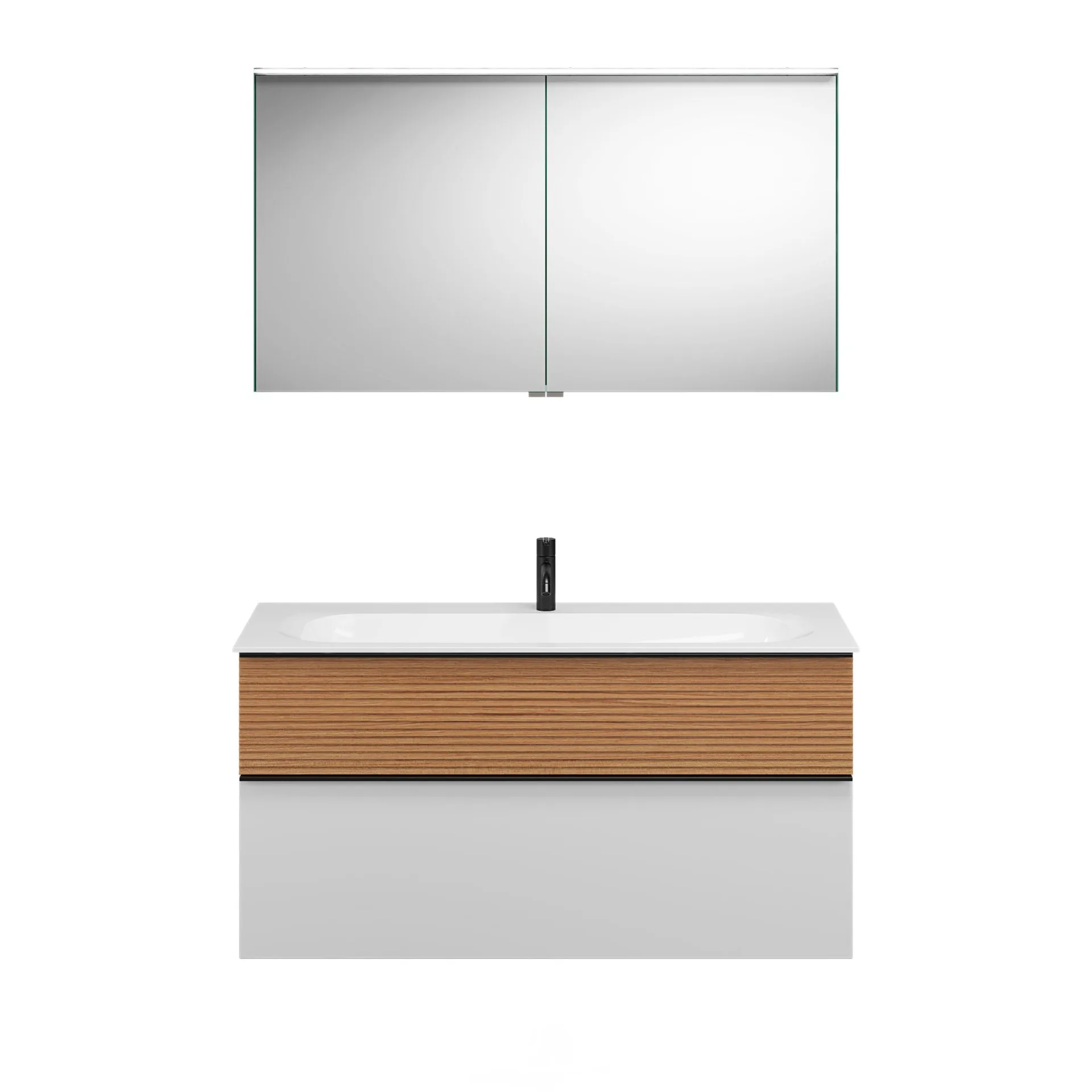 Burgbad FIUMO Waschtisch Set mit Spiegelschrank 122 cm breit, Braun/Weiß, Waschbecken Gussmarmor Weiß