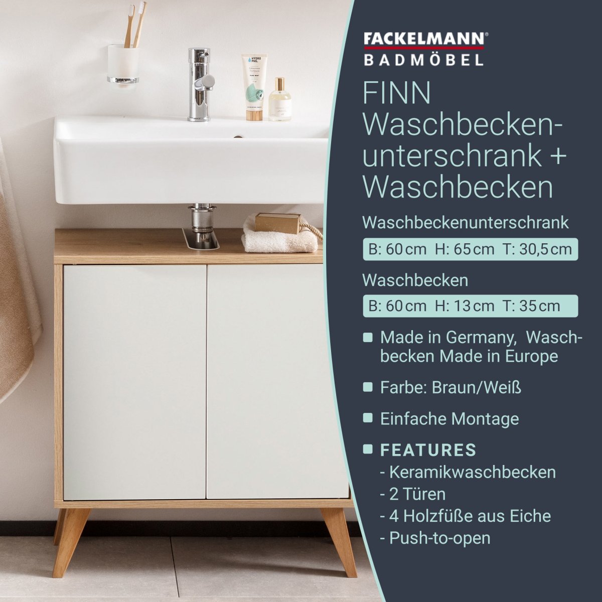 FACKELMANN FINN Waschbecken mit Unterschrank 60 cm breit, Weiß/Braun hell, Waschbecken Keramik Weiß + Holzfüße