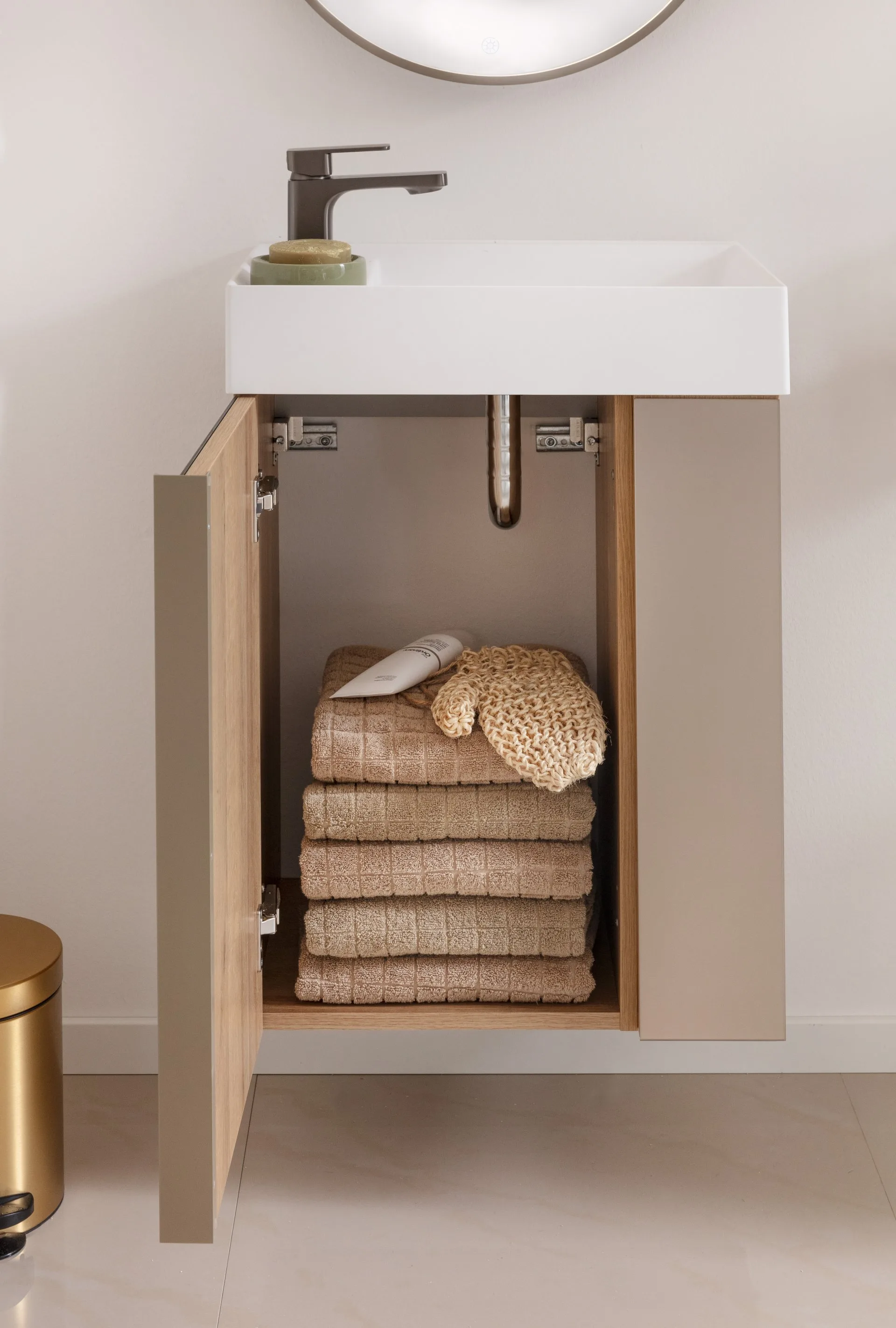 LANZET VIDRO Gäste WC Waschtisch Set 50 cm breit, Braun, Waschbecken Keramik Weiß, Anschlag links