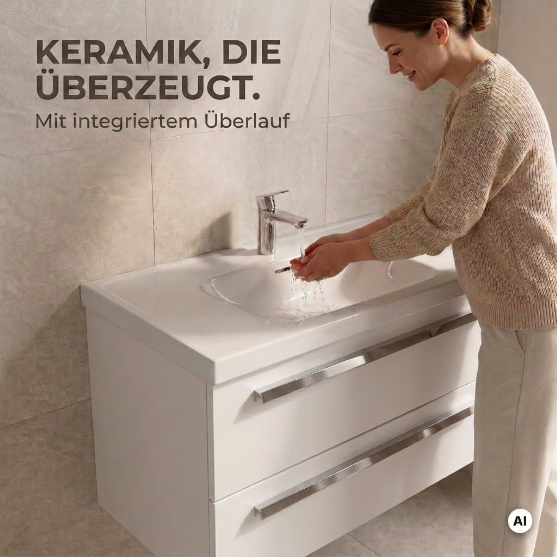 BADEDU TESSANO Waschbecken mit Unterschrank 90 cm breit, Weiß, Waschbecken Keramik Weiß