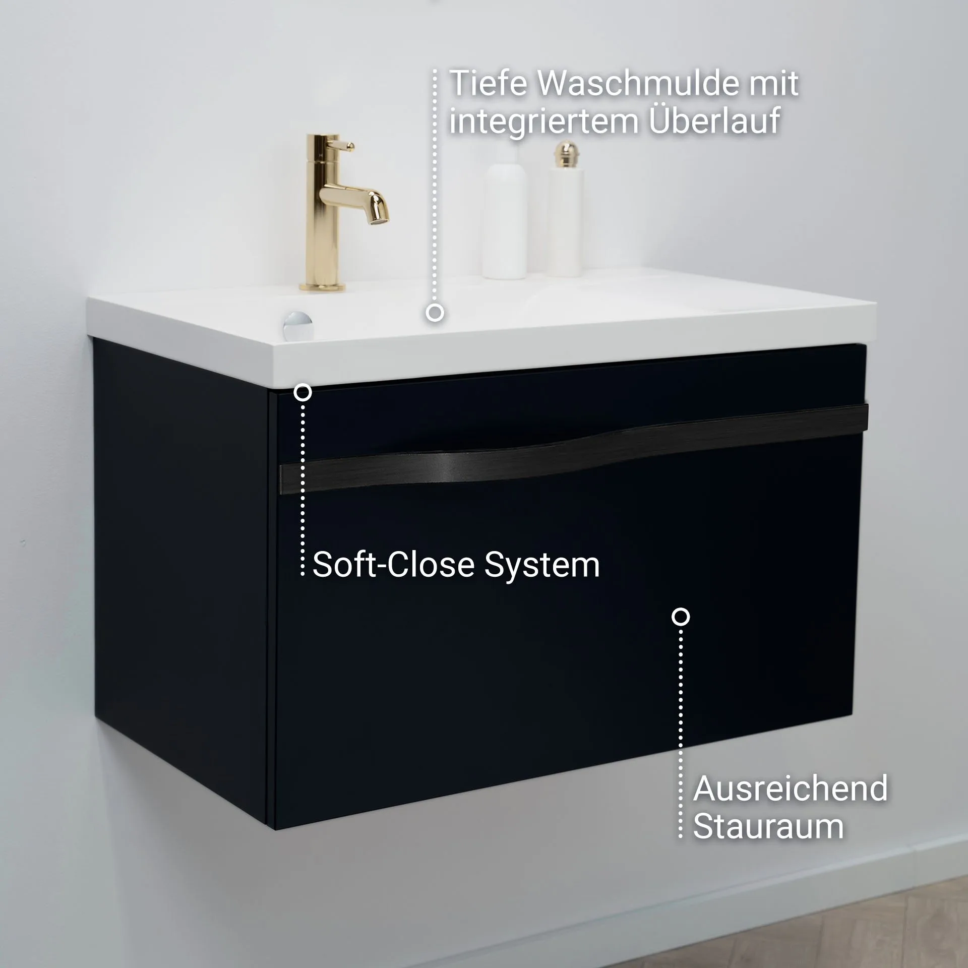 BADEDU FILS Waschbecken mit Unterschrank 69 cm breit, Schwarz, Waschbecken Gussmarmor Weiß, Griff Schwarz