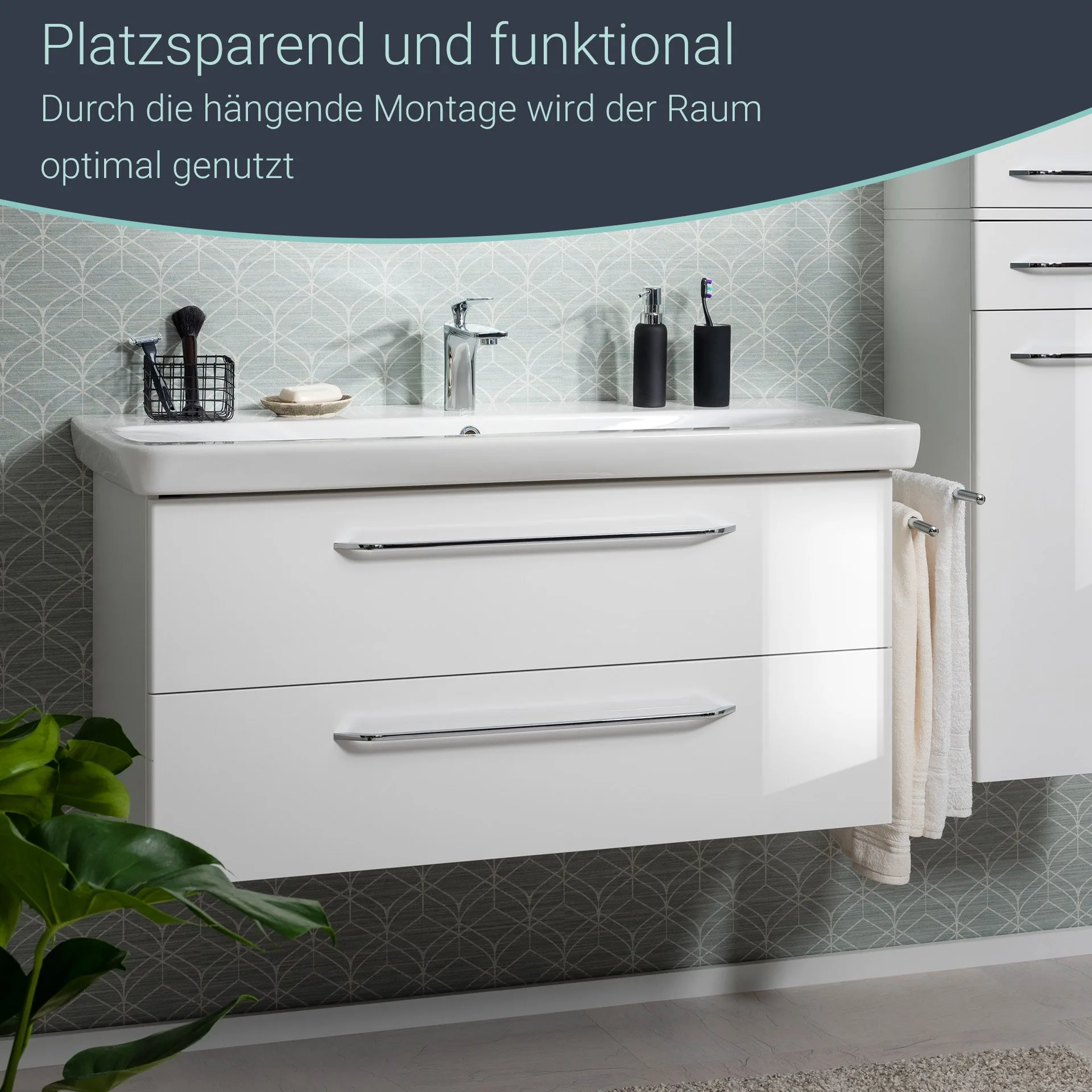 FACKELMANN MILANO Waschbecken mit Unterschrank 107 cm breit, Weiß, Waschbecken Keramik Weiß